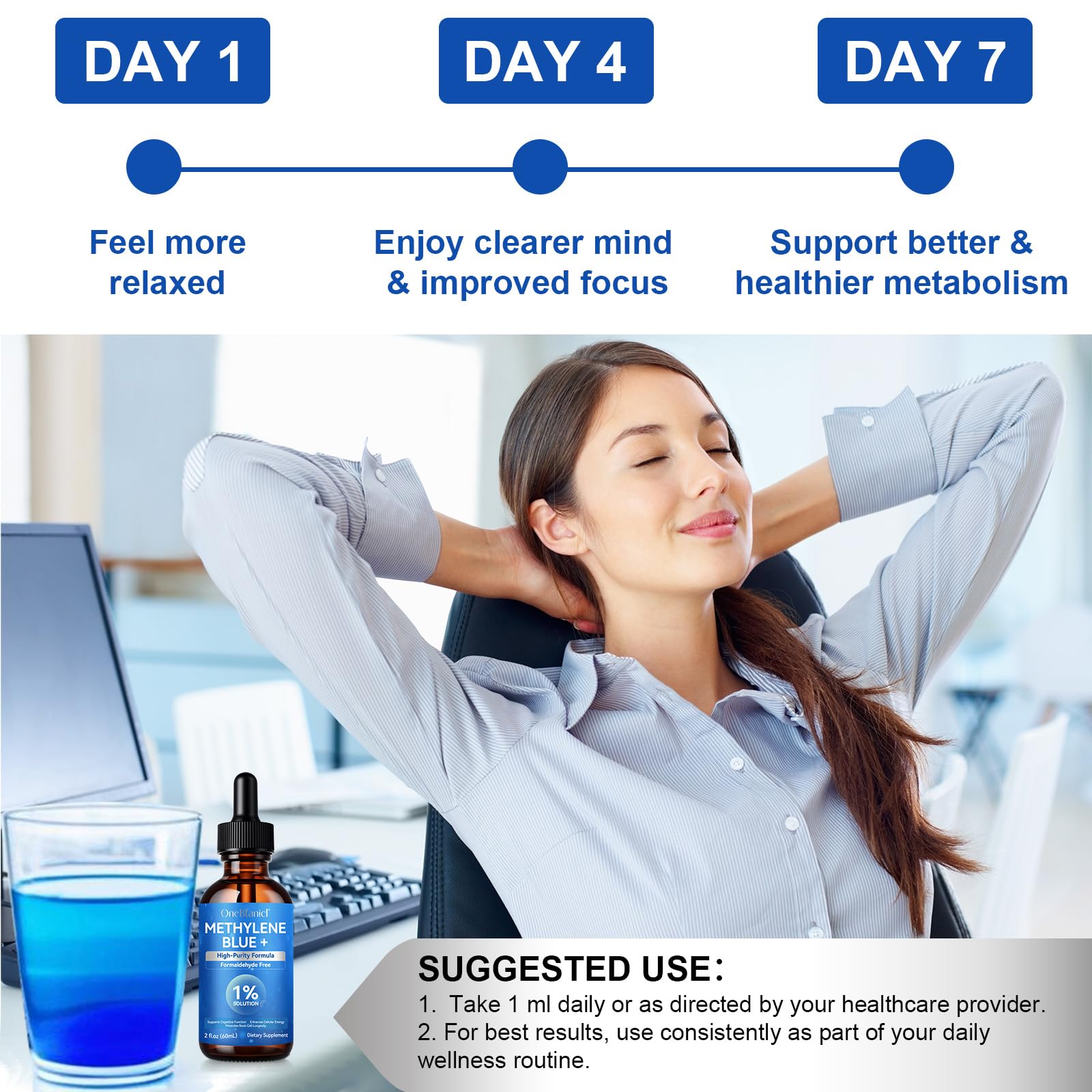 Methylene Blue 1% 60ml con Vitamina C & Stevia, Purezza Ultra Elevata, Testato in Laboratorio