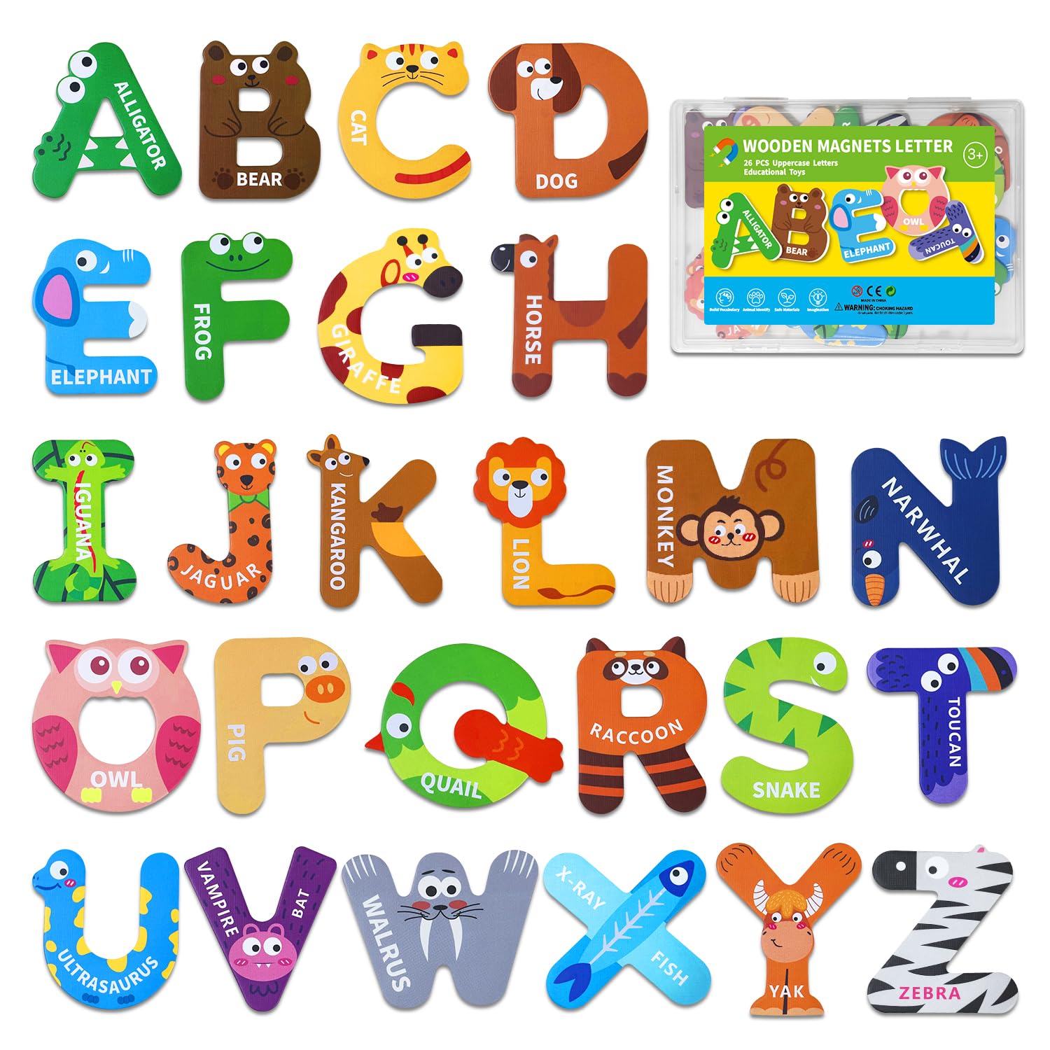 Wooden Magnetic Alphabet Letters for Toddlers, 26 Cute Animal-Themed Fridge Magnets for Early Learning, Spelling Practice, Letter Recognition Toys for Kids, Perfect Preschool Gift for Home & Classroom