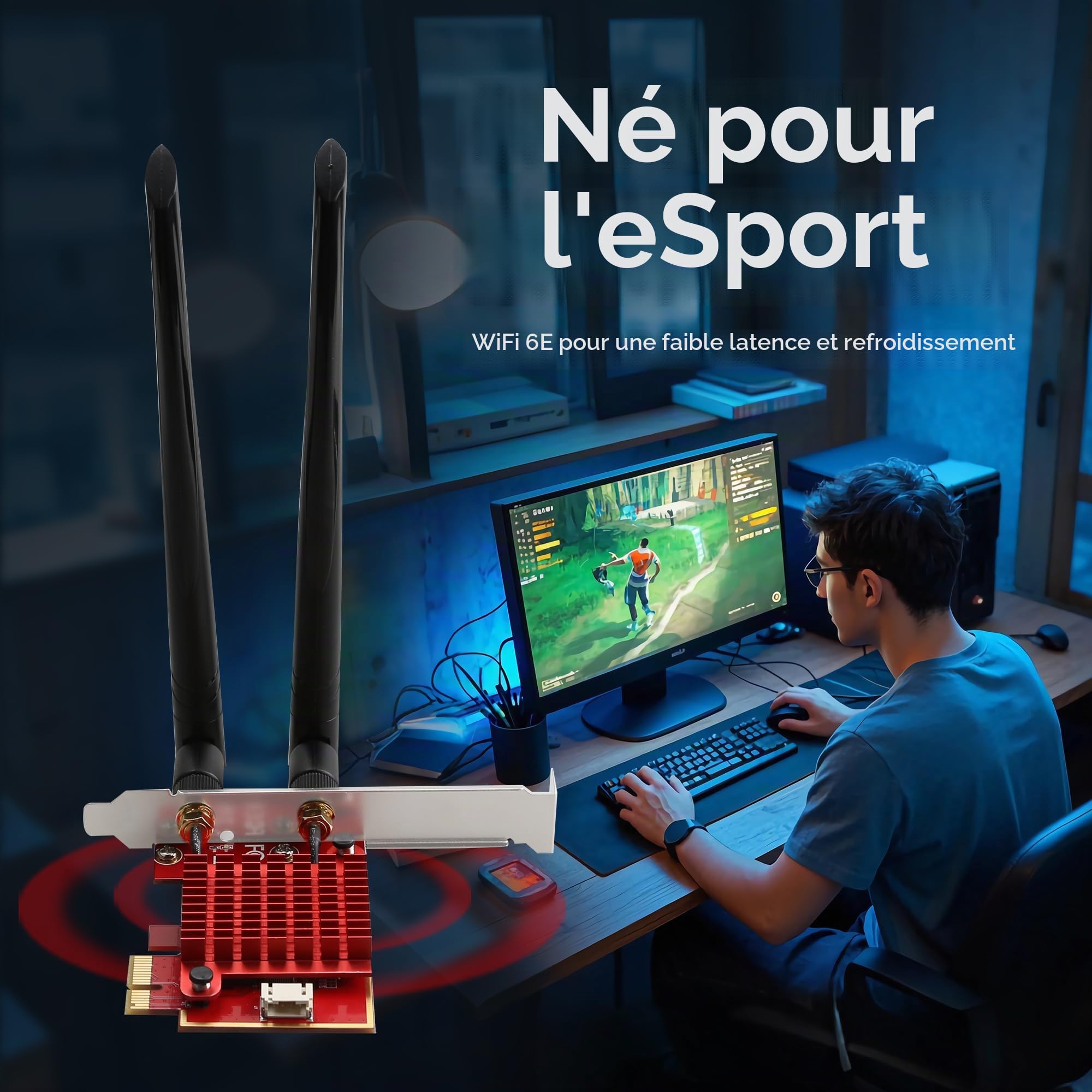 WiFi 6E PCIe Card Gaming, Intel AX210 Chip, 5400Mbps Tri-Band (2.4/5/6GHz), Bluetooth 5.3, Ultra-Low Latence for Windows 10/11, Desktop PC Wifi, Adaptateur WiFi