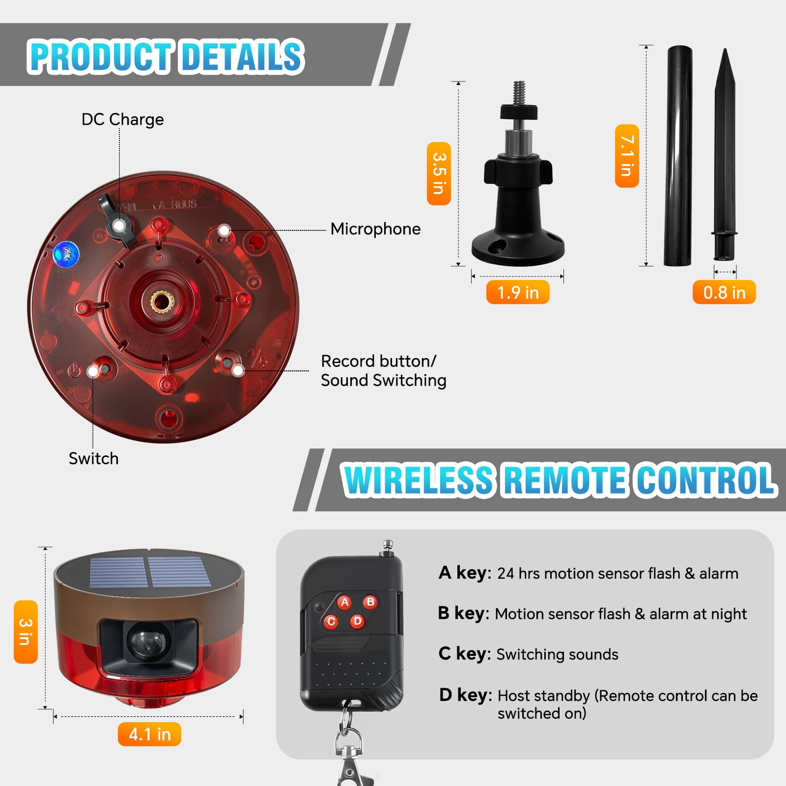 Sensor de movimiento solar para exteriores, alarma de ladridos de perro o sonido de disparo, ruido de 130 dB, 13 sonidos y detector de movimiento de 360°, grabación de alarma, con control remoto para