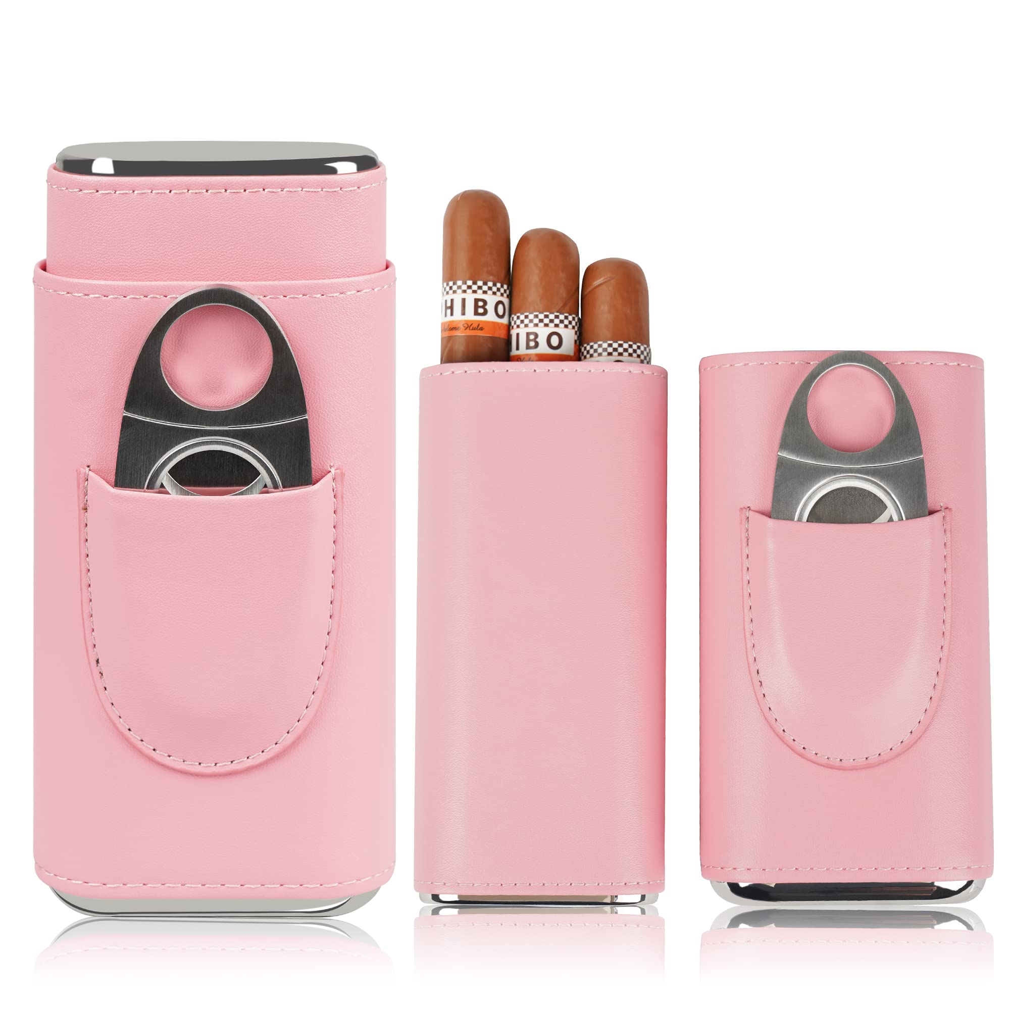 COOZMENT Leather Cigar Case, Travel Humidor for Women, Spanish Cedar Lined, Accessories with Cutter (Pink)