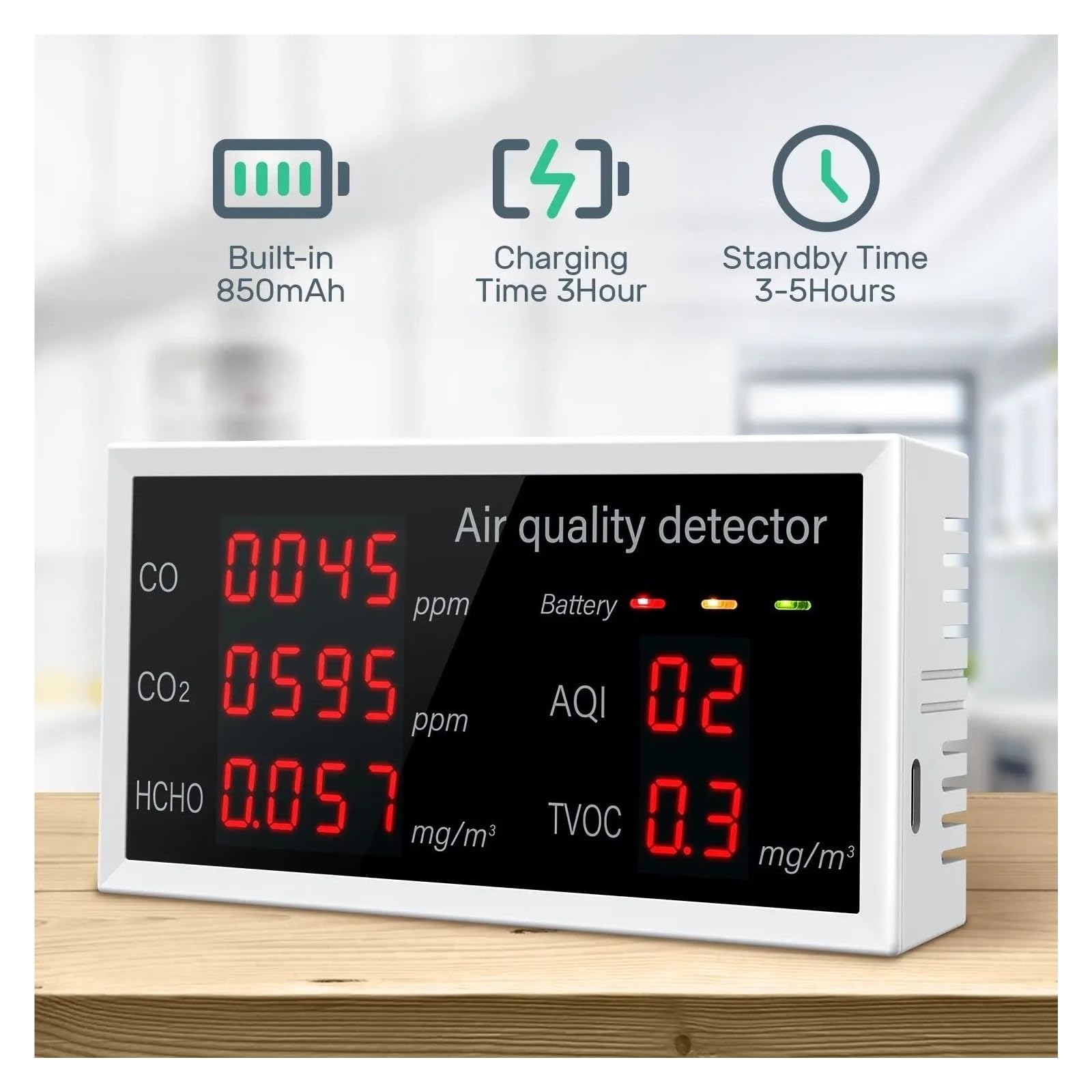 Tester jakości powietrza, Monitor jakości powietrza 5 w 1 Detektor jakości powietrza w domu Tester zanieczyszczeń CO/CO2/HCHO/AQI/TVOC Monitorowanie w czasie rzeczywistym z ekranem LED, Ciesz się kor