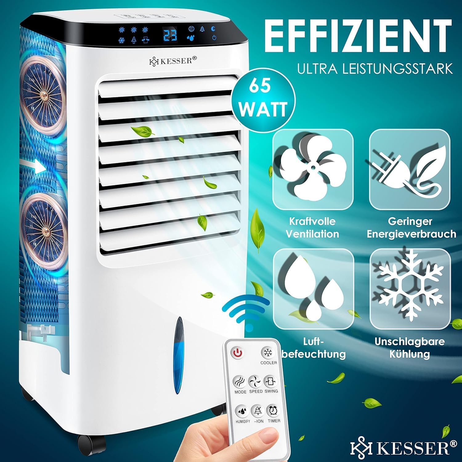 KESSER® Mobile Klimaanlage 4in1 Luftkühler – Air Cooler mit Fernbedienung & Timer, 10L Wassertank, Ionisator & Luftbefeuchter, Ventilator Klimagerät ohne Abluftschlauch, 3 Stufen inkl. Kühlakkus