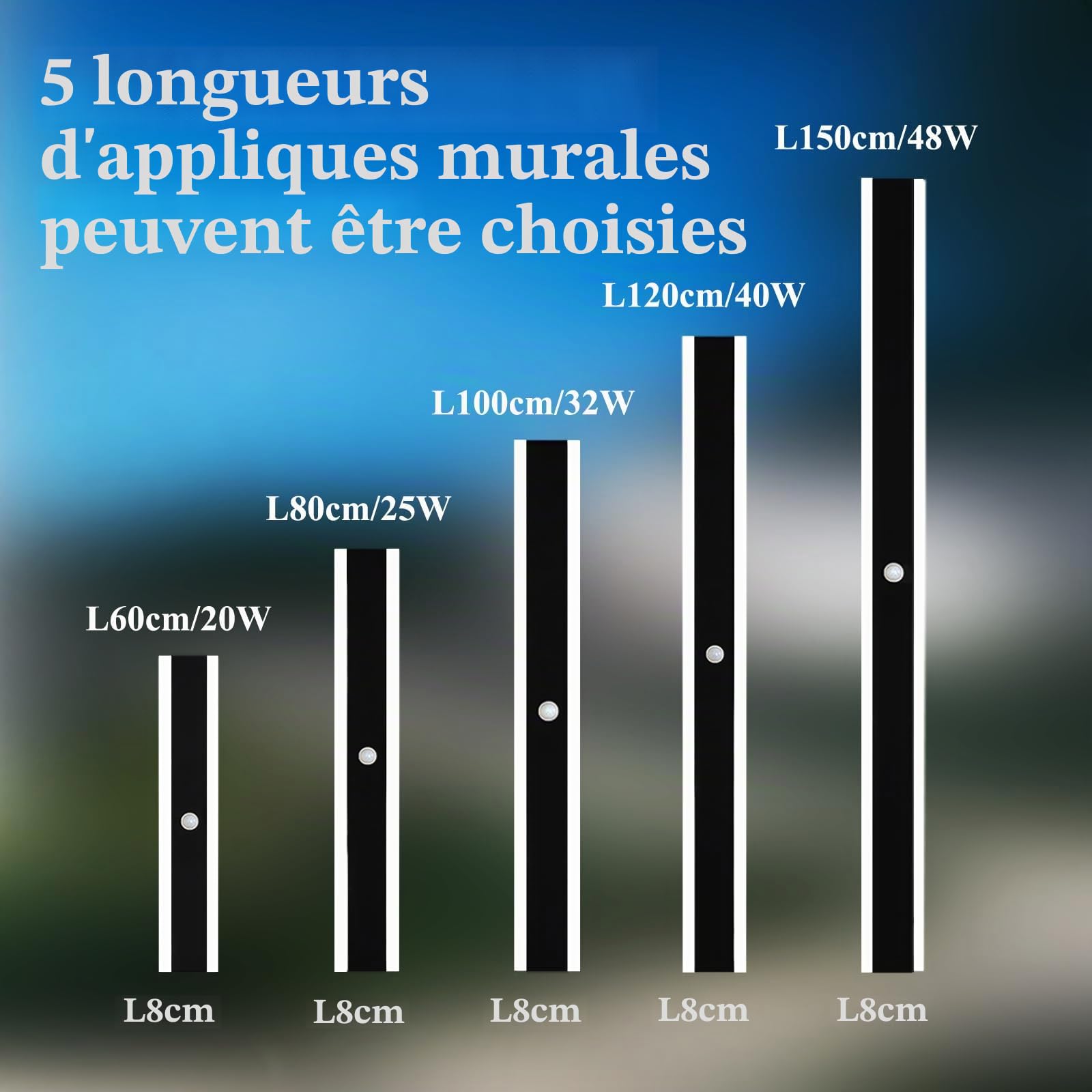 150CM Longue Applique Murale Detecteur de Mouvement Extérieur LED Lampe Mural Étanche Noir 48W Moderne Luminaire de Mur Éclairage pour Patio Villa Terrasse, 6000K Blanc Froid