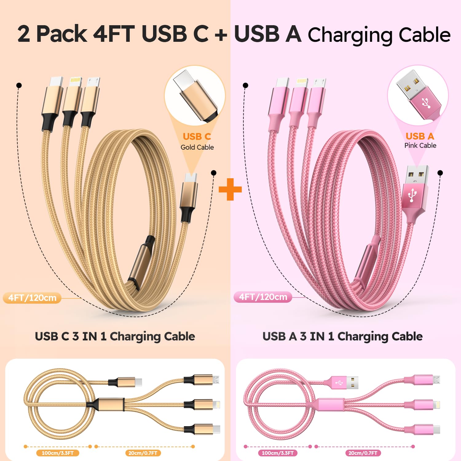 Cavo di ricarica USB 3 in 1, nylon intrecciato da 1,2 m, rosa e oro, confezione da 2