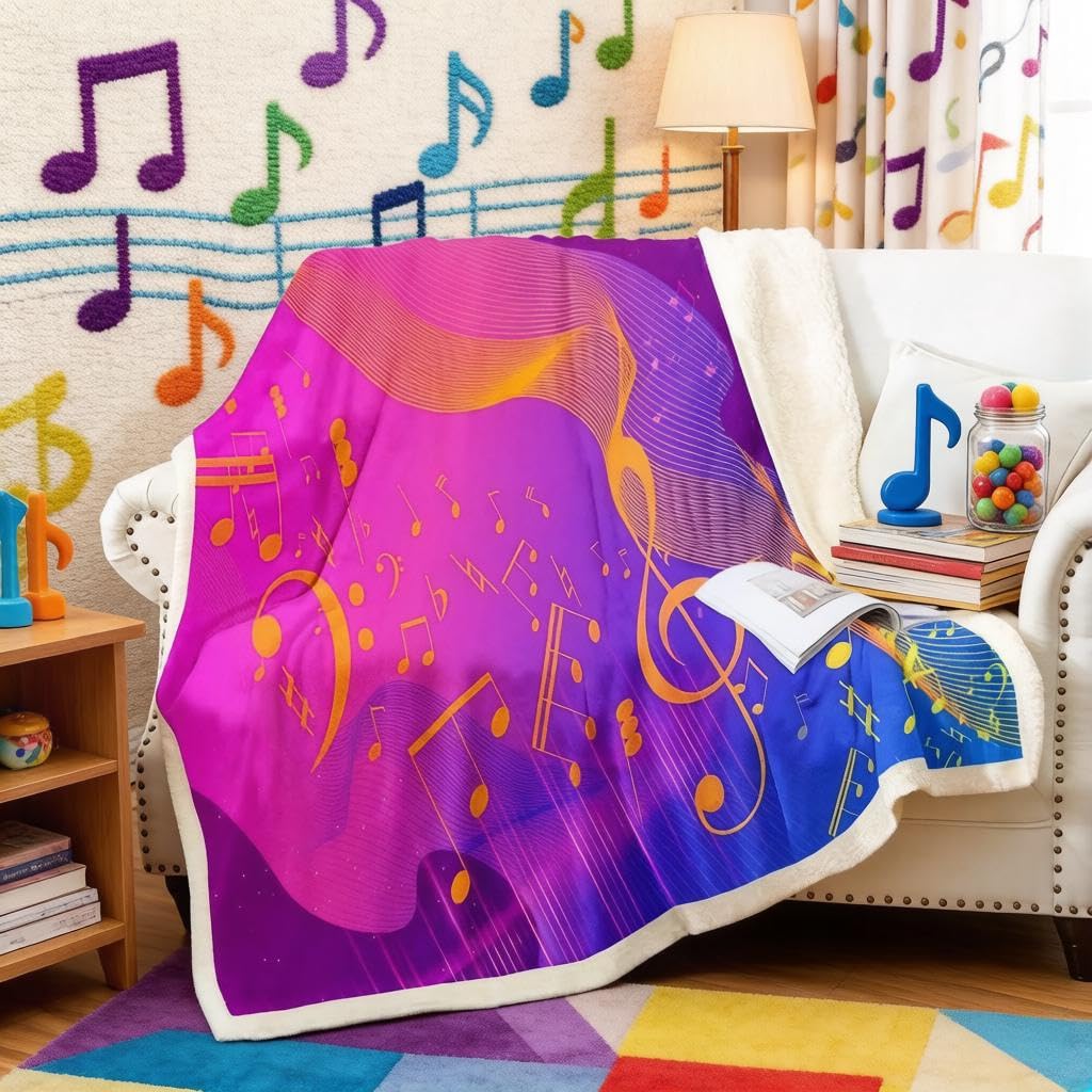 Loussiesd Musical Note Pattern Fuzzy Blanket Classic Music Themed Fleece Blanket for Chair Sofa Couch Stripe Staff Sherpa Blanket Colorful Abstract Art Decor Plush Throw Blanket Double 60"x79" — image 1