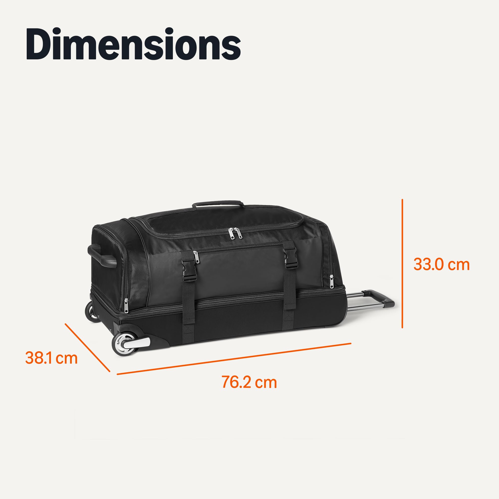 Amazon Essentials Bolsa de Lona con Ruedas, Tamaño para Bodega de 76,2cm, Ampliable, Compartimento para Zapatos, Mango Telescópico, Negra