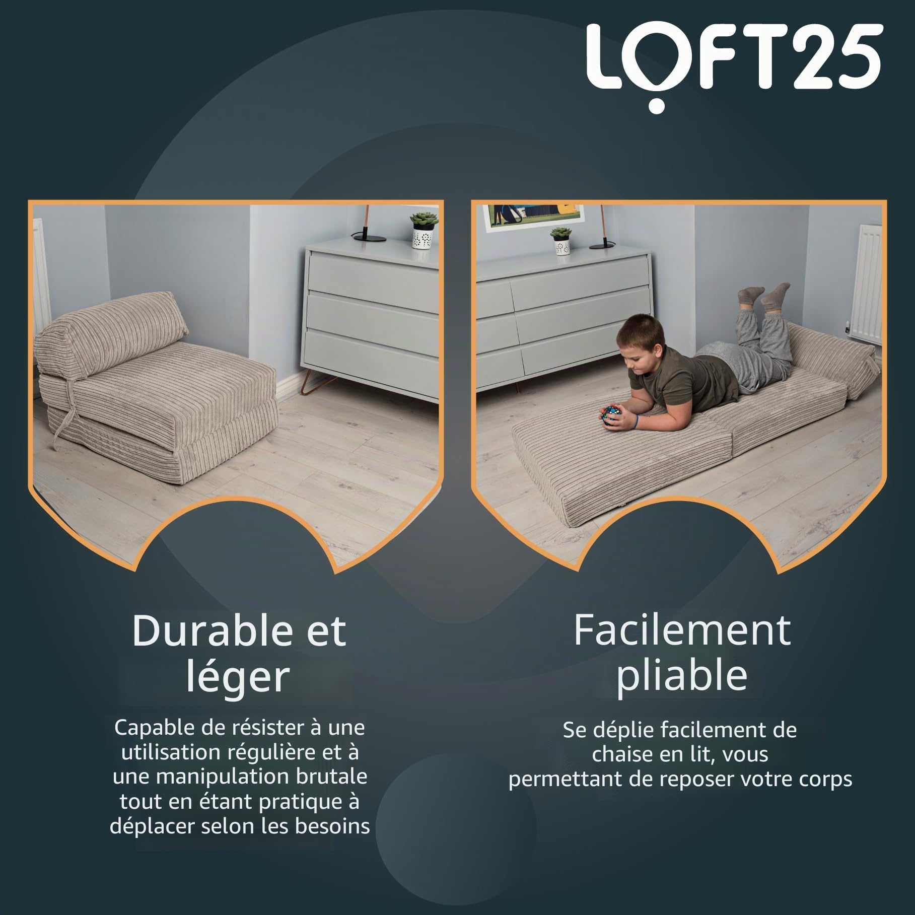 Canapé-lit Bjorn en Z dépliable, en velours côtelé, matelas simple, style vison