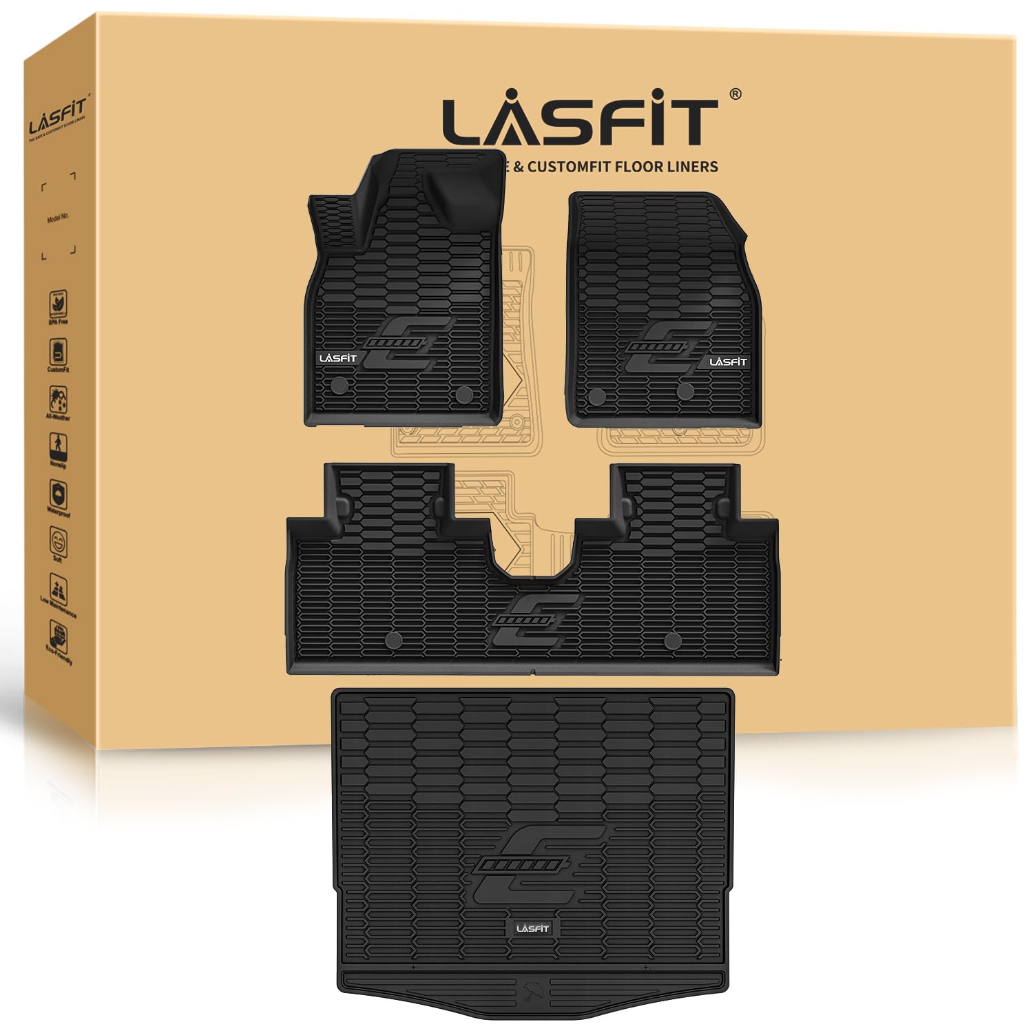 LASFIT Floor Mats and Trunk Mat for Ford Mustang Mach-E 2025 2024 2023 2022 2021 (Cargo Floor in Top Position) All Weather TPE Car Liners, 1st & 2nd Row & Cargo Liner, 4pcs Black