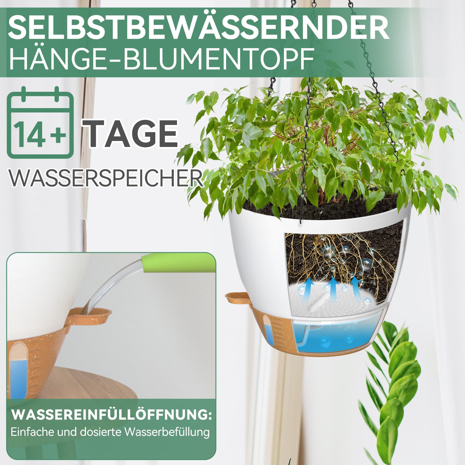 ZMTECH 30 cm Hängetopf für Pflanzen mit Bewässerungslippe Selbstbewässernder Pflanzentopf mit Abflusslöchern und abnehmbarem Untersetzer aus Kunststoff für Innen- und Außenpflanzen (2er-Set, Weiß)