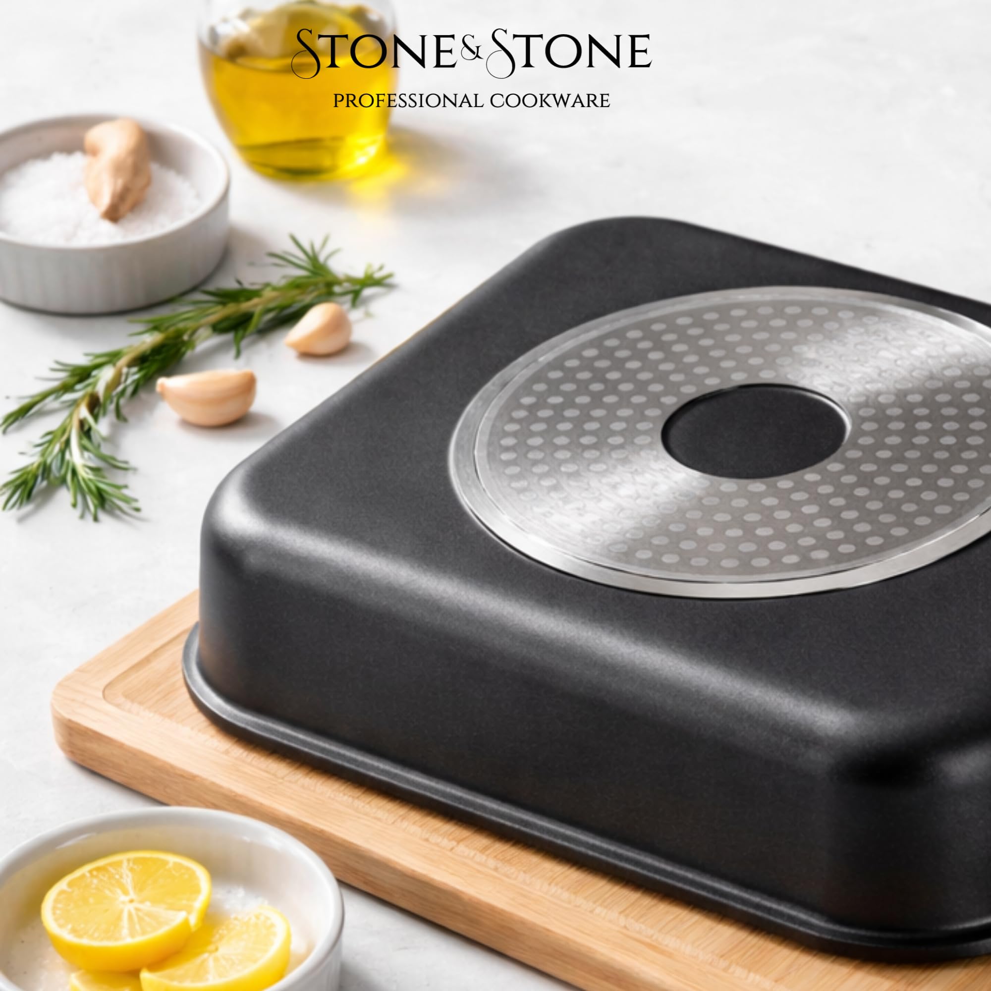 Stone&Stone Teglia Forno Rettangolare 34x8cm in alluminio | Super Antiaderente Tedesco | Pirofila Lasagnera Rostiera | Priva di PTFE - PFOA - PFAS | Induzione Gas Forno | Coperchio 2 Presine, Spatola