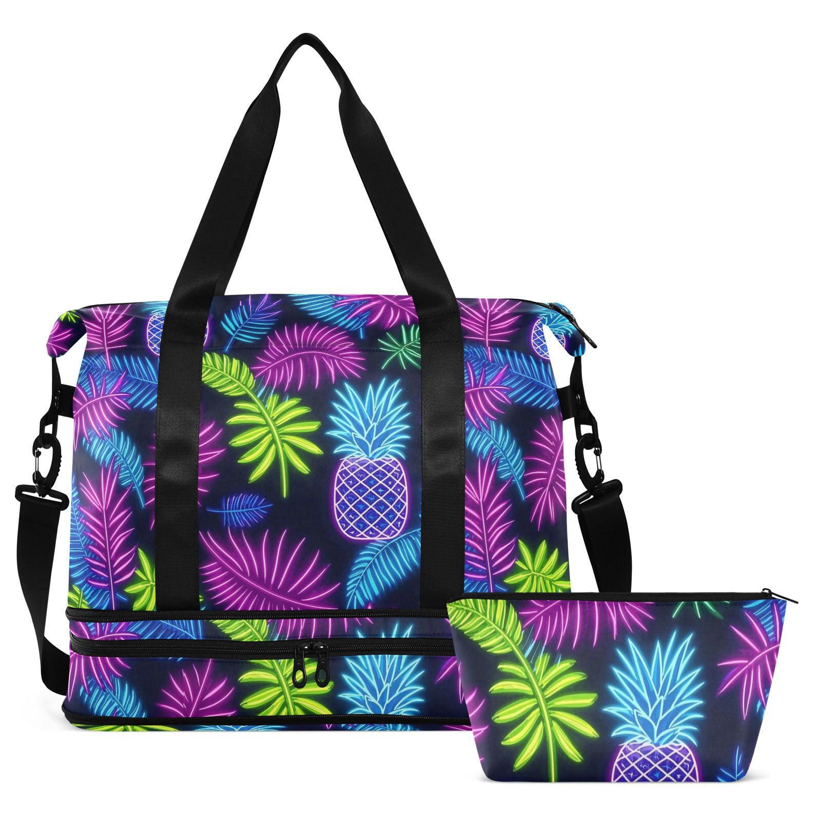 Bolsa de transporte grande de hoja de piña de neón con bolsillo húmedo con correa ajustable, bolsas de lona para viajes, plegable para hombres y mujeres