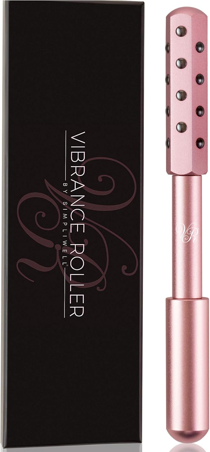 SimpliWell Face Massager - Skin Tightening, De-Puffing & Anti-Aging Rolling Tool - Rose Gold Vibrance Roller w/ 24 Germanium Stones - Uplifting Facial Skincare Tool for Puffy Eyes & Dark Circles