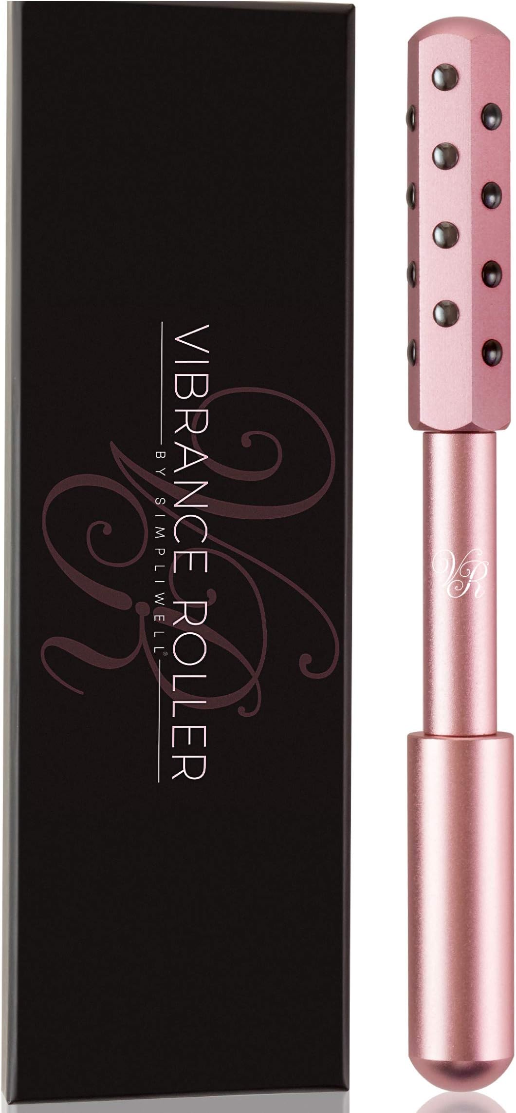 SimpliWell Face Massager - Skin Tightening, De-Puffing & Anti-Aging Rolling Tool - Rose Gold Vibrance Roller w/ 24 Germanium Stones - Uplifting Facial Skincare Tool for Puffy Eyes & Dark Circles