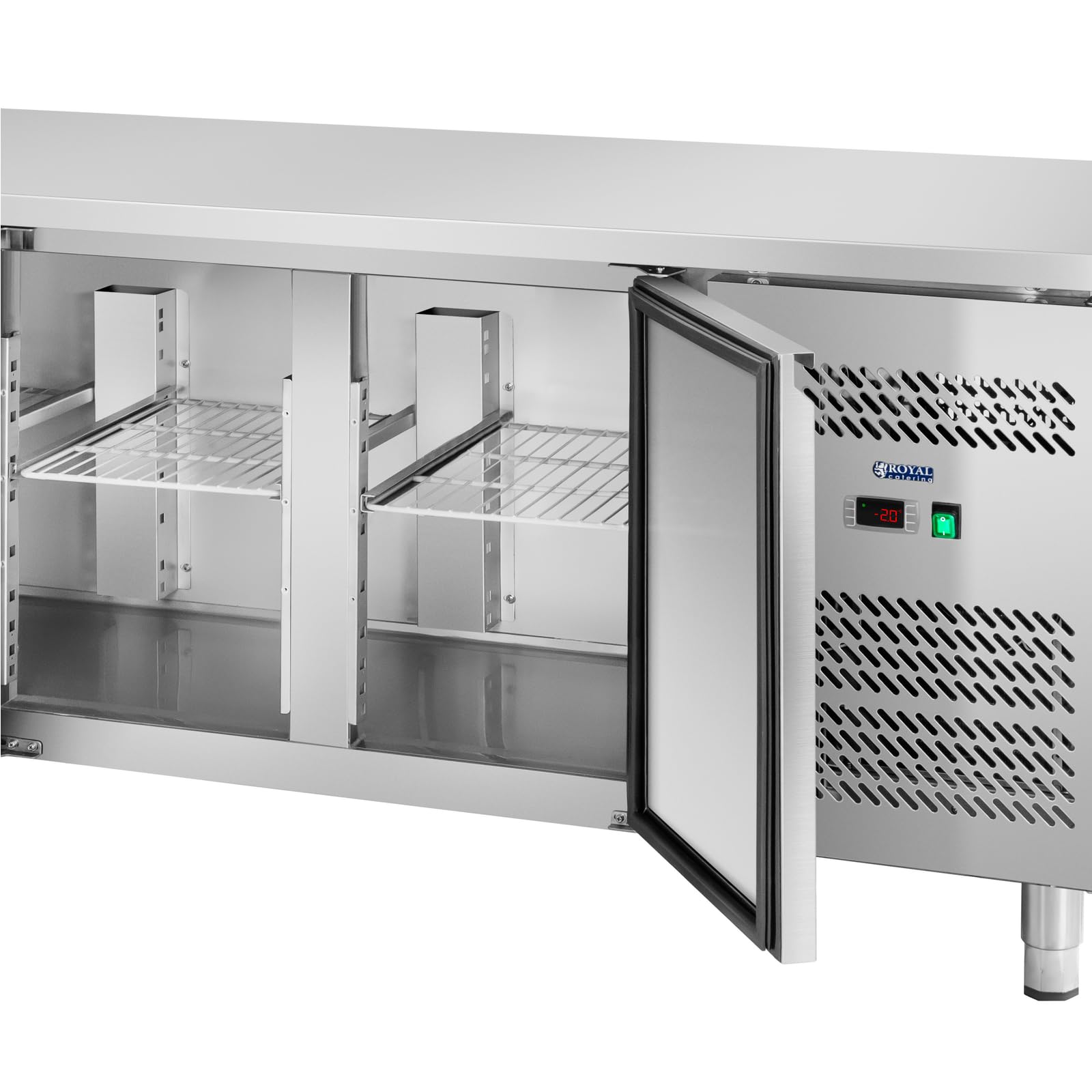 Royal Catering RCLK-S49 Tavolo Refrigerato Banco Frigo Con Piano Di Lavoro (450 L, Tavolo da lavoro in acciaio inox, Compressore Secop da 343 W, 2 scomparti refrigeranti, Refrigerante R290)