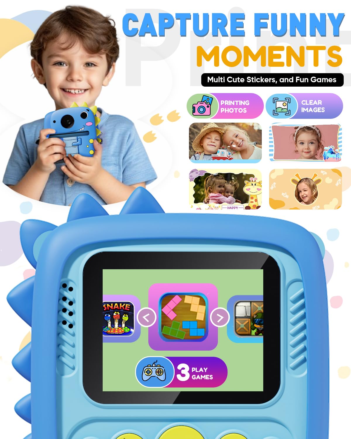 Cámara de impresión instantánea para niños con funda de silicona de dinosaurio, cámara digital 1080P, 3 rollos de papel de impresión, cumpleaños para niños y niñas de 3 a 8 años (azul)
