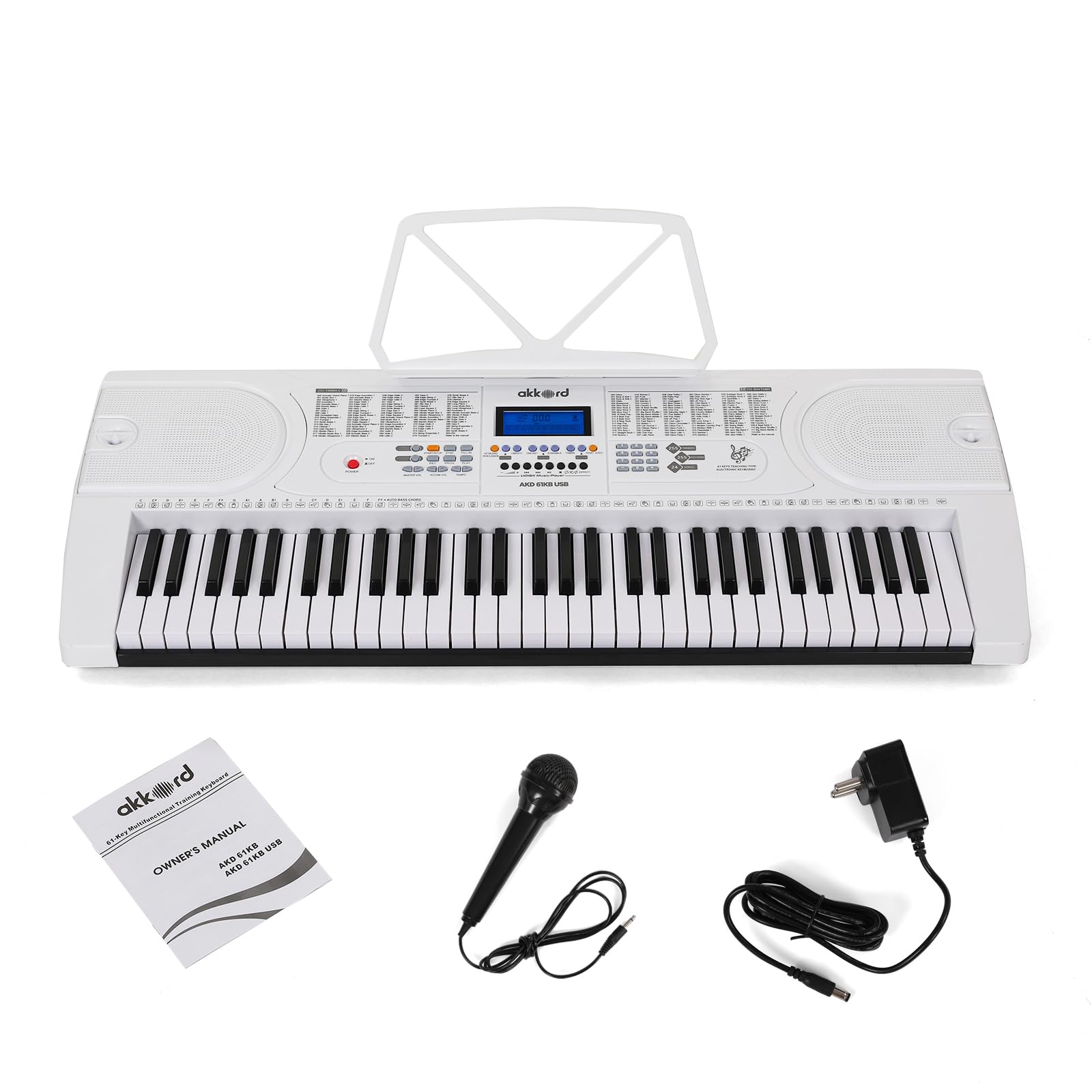 Akkord 61-Key Octave Electronic Keyboard with adapter- LCD Display| USB Input| Mic |Music Sheet Stand | 255 Rhythms | 255 Timbres | 24 Demos | White-image-33
