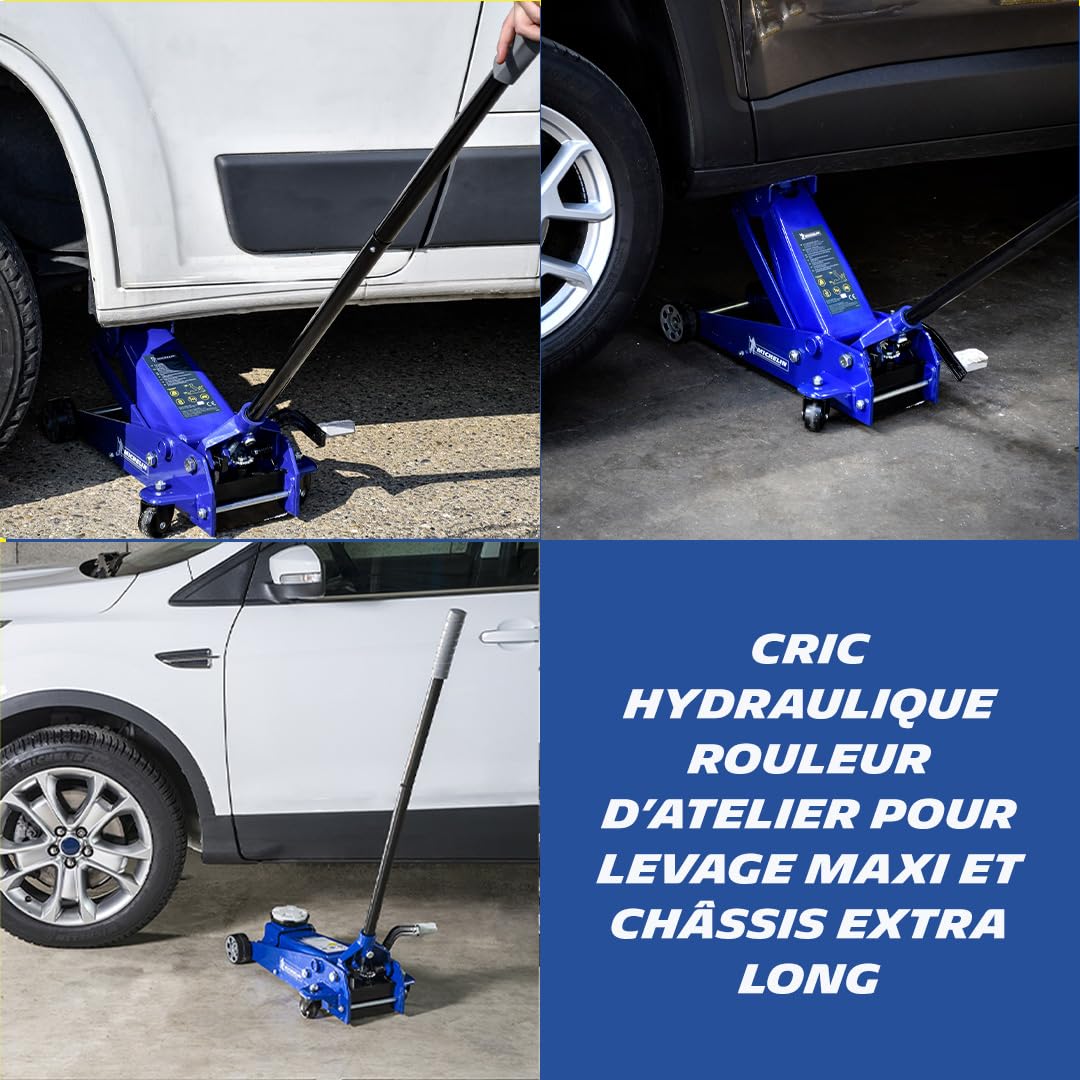 MICHELIN 009554 Cric Hydraulique 3T Levage Rapide – Hauteur 145-490 mm – Direct Twist System – Idéal SUV, 4x4, Camping-Car, Utilitaires – Bras Long 100 cm avec Protection Caoutchouc, Roues Pivotantes