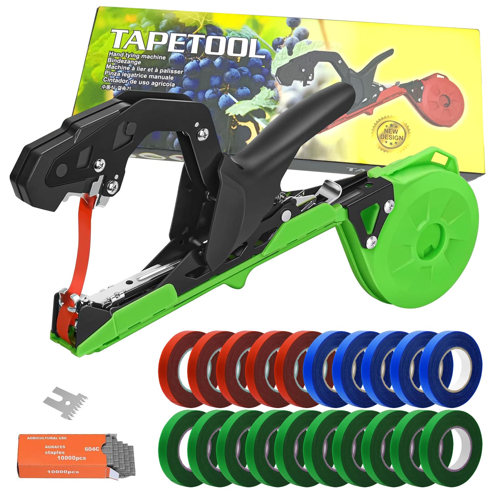 Bindezange für Pflanzen Pflanzenbindemaschine Bindezange Pflanzen Tapetool Handbindemaschine mit 10000 Stück Nägel und 20 Rollen gartenband Bindezange pflanzenbinder für Obst, Himbeeren,Bäume Gemüse