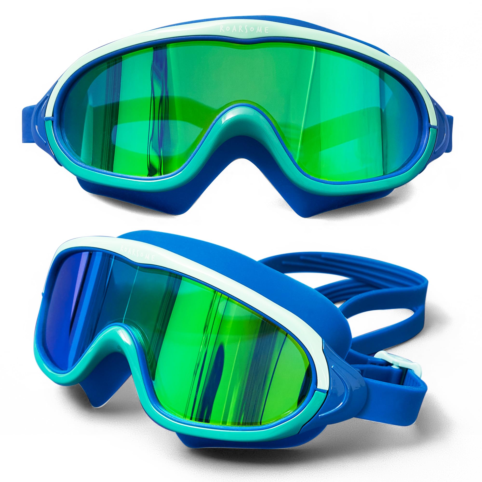 Roarsome Gafas de natación, lente de visión ultra ancha, antivaho y protección UV, ajuste de silicona suave, diseño a prueba de fugas, correa ajustable, unisex, talla única, ideal para piscina, océano