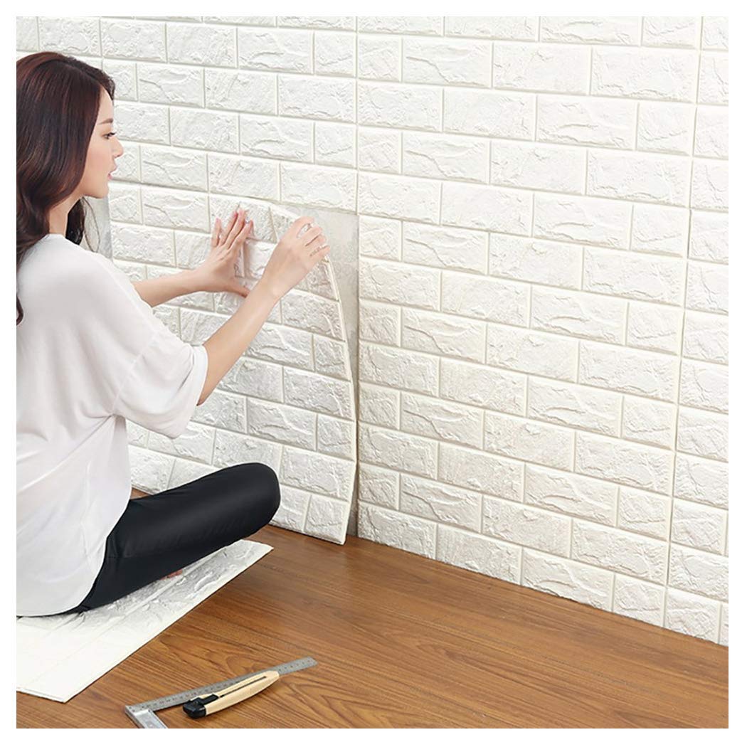 WANWEITONG PE Mousse Papier Peint en 3D Auto-Adhésif Bricolage Autocollants Muraux Décor Mural en Relief Brique en Pierre pour Bureau Chambre Séjour Décoration d'intérieur 60 * 60cm (24 Pcs, Blanc)