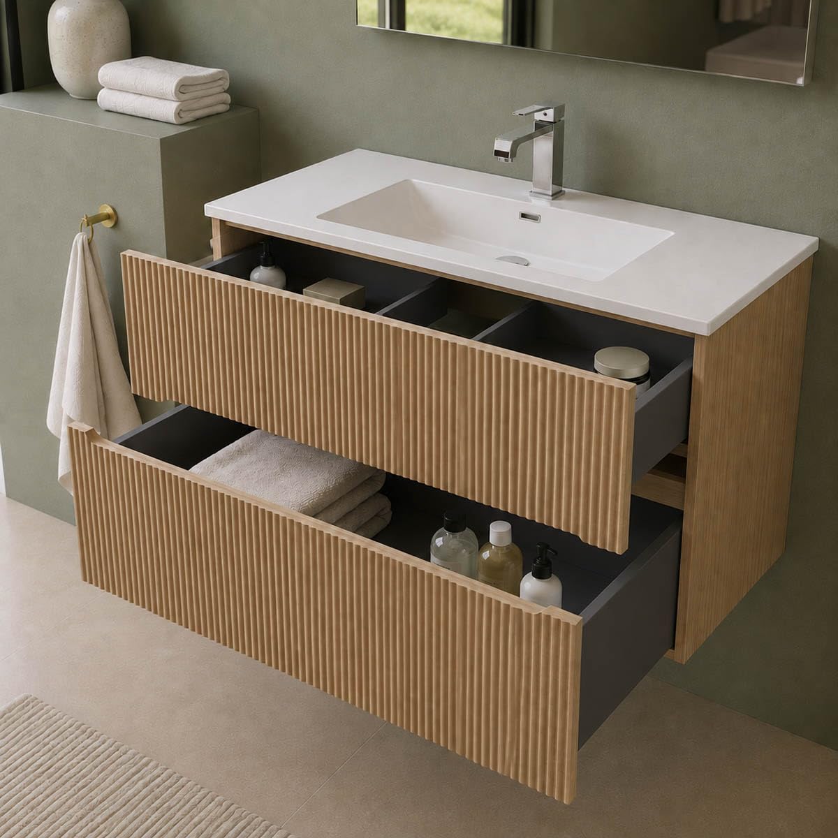 Yellowshop | Mobile Bagno Sospeso FLY 100 cm - 2 Cassetti con Lavabo Ceramica, Finitura Cannettata, Chiusura Soft-Close Rovere Tabacco (Mobile con lavabo)