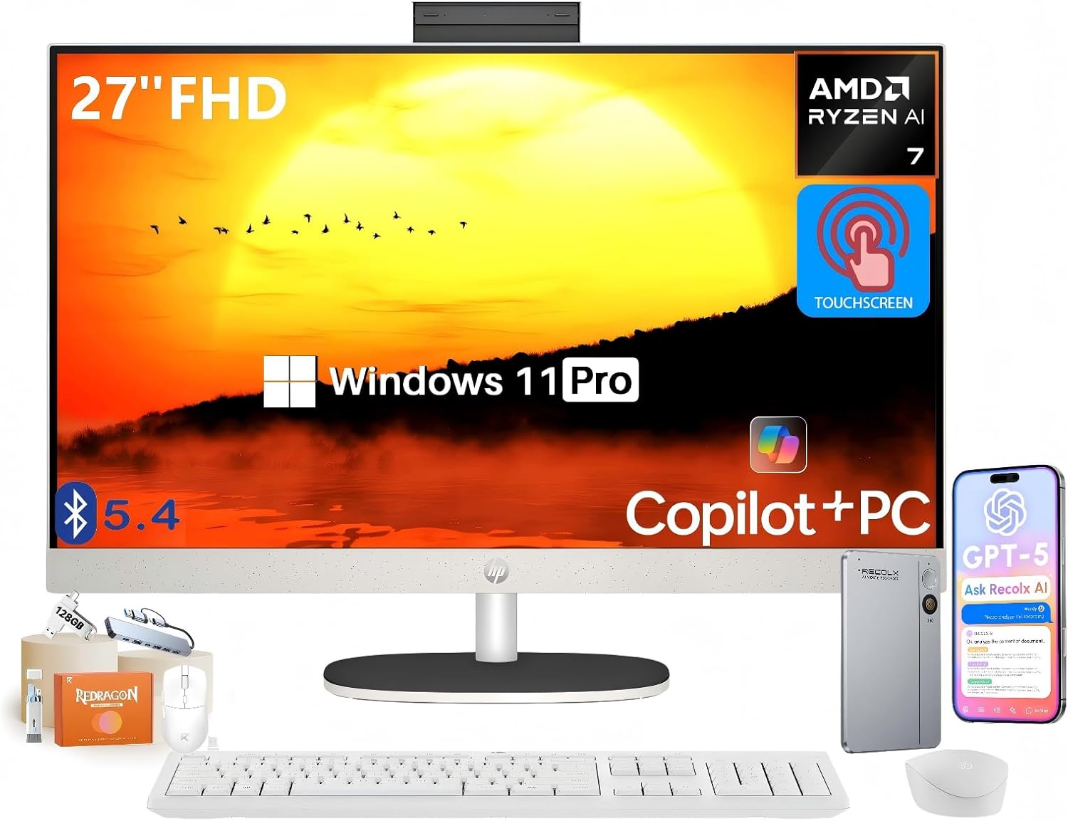 HP 27 Inch All in One Touchscreen Desktop Computer | AMD Ryzen AI 7 350 (Up to 5 GHz) | 32 GB DDR5, 2 TB SSD | FHD IPS Display | Copilot+ PC | Wi-Fi 6 | Windows 11 Pro | w/RECOLX AI Voice Recorder