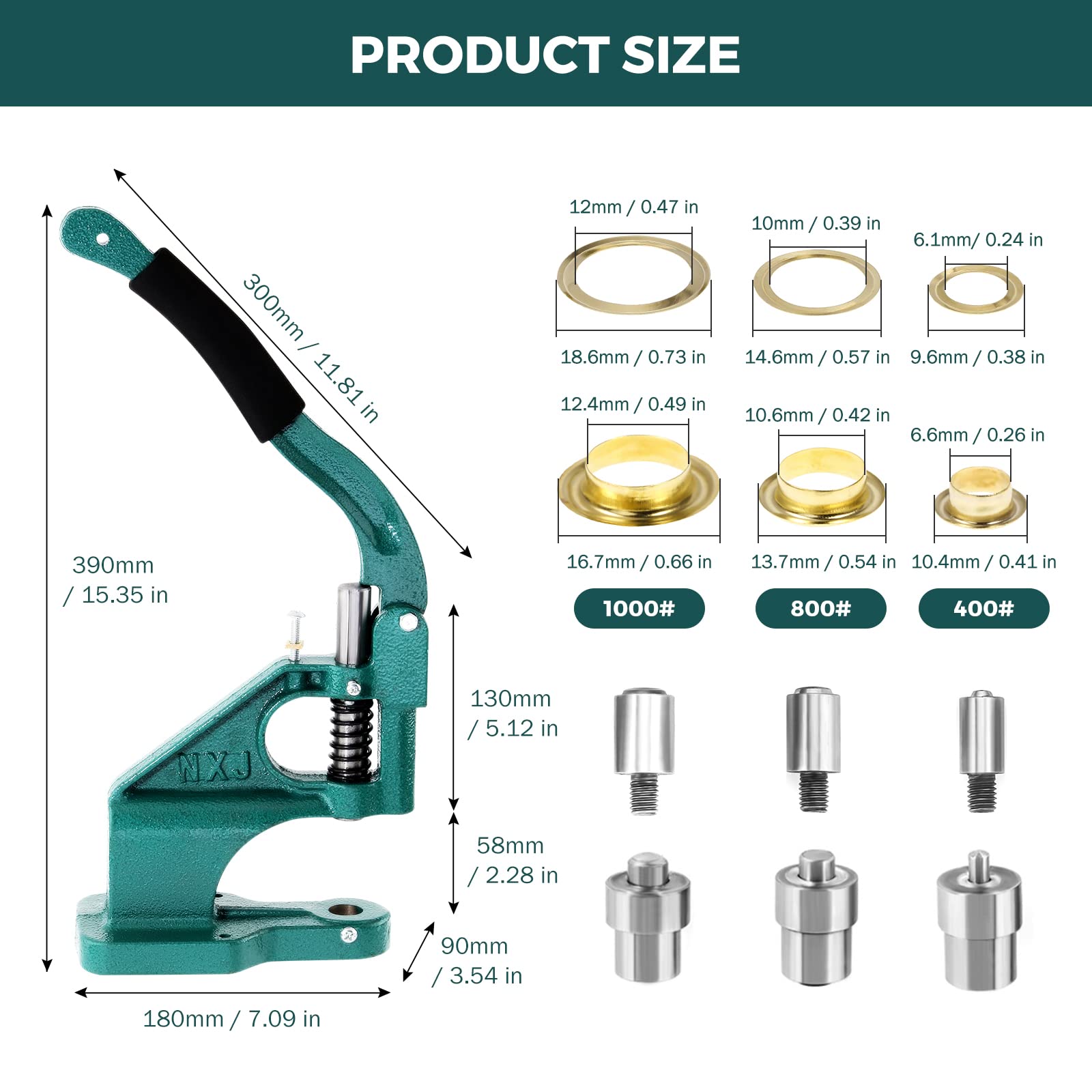 BEAMNOVA Kit de ojales para máquina de prensado manual con 3 troqueles (#0#2#4) de 1/4, 3/8, 1/2 pulgadas (6, 10, 12 mm), 1500 ojales dorados