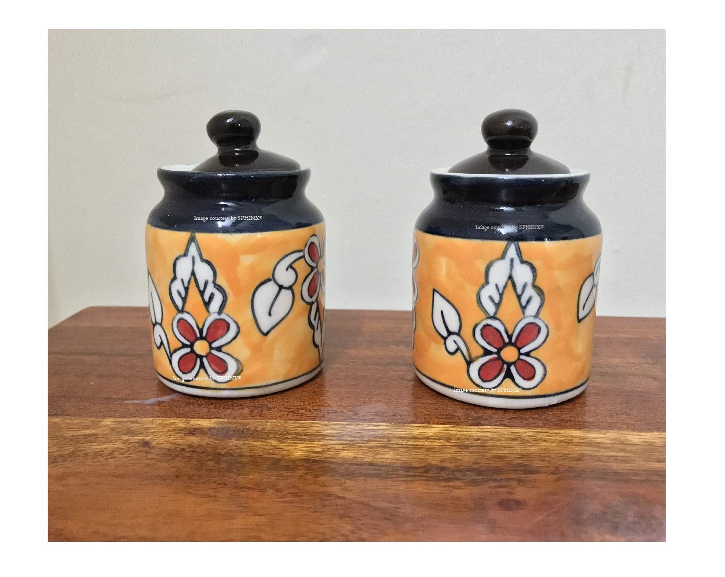 SPHINX Painted CeramicTable Top Pickle Jar/Barni/Martban - X-Small (Approx. 8 cms/3.2 Inches)- Check images/details carefully for size details - Set of 2 Jars (Orange)