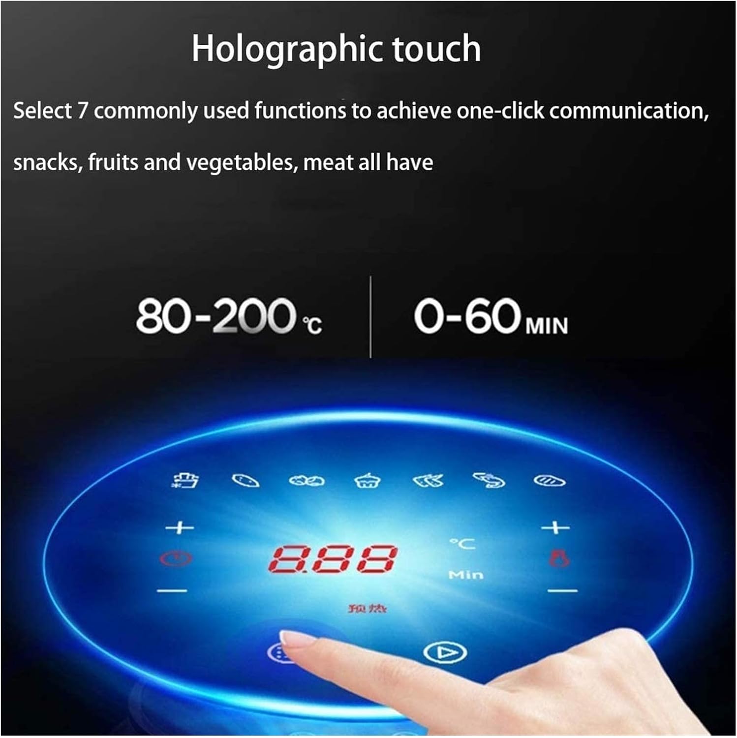 Close-up of the air fryer's holographic touch control panel