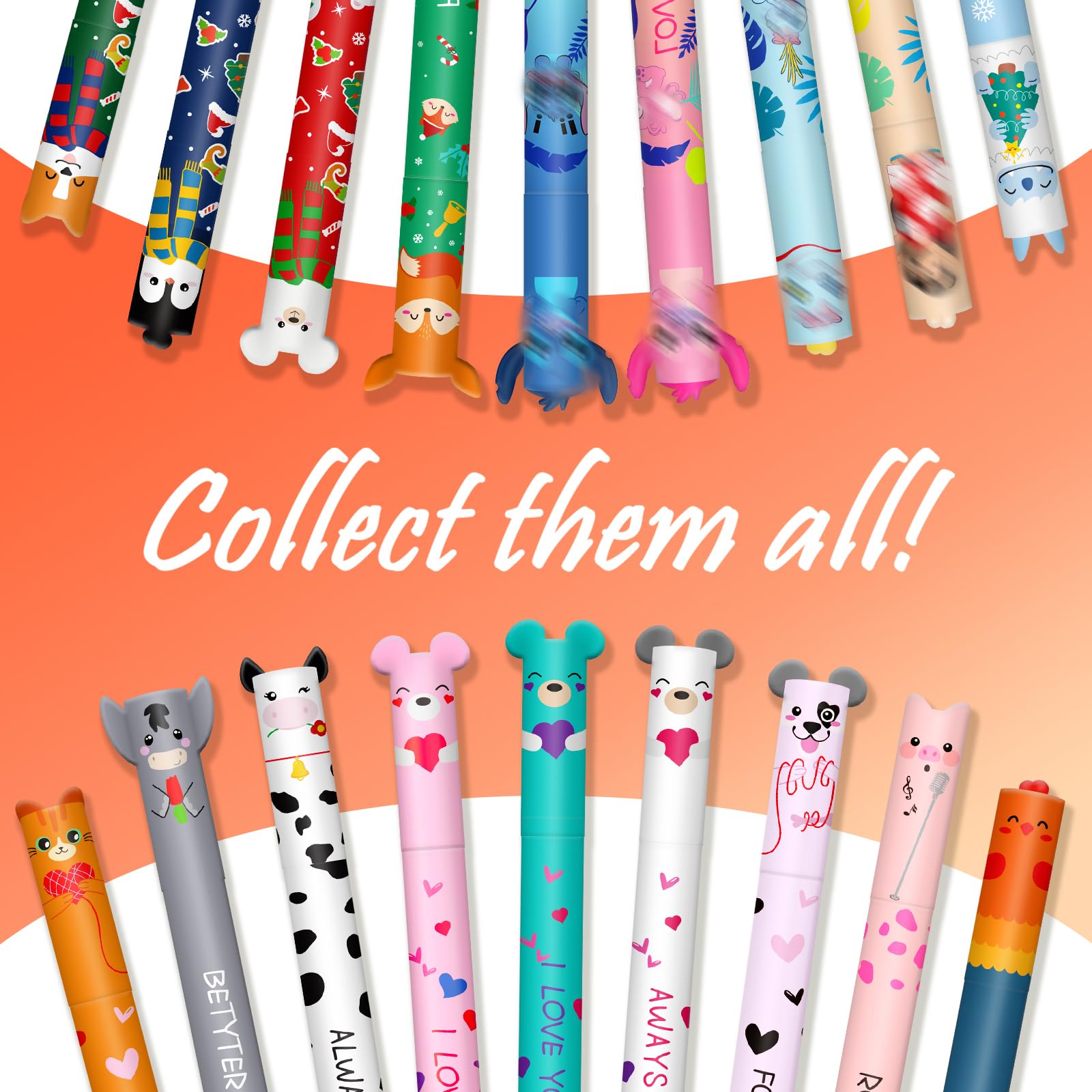 Lot De 12 Stylos Gel Effaçables à Friction : Encre Thermosensible, 0.7 Mm, Motifs Animaux Trop Mignons