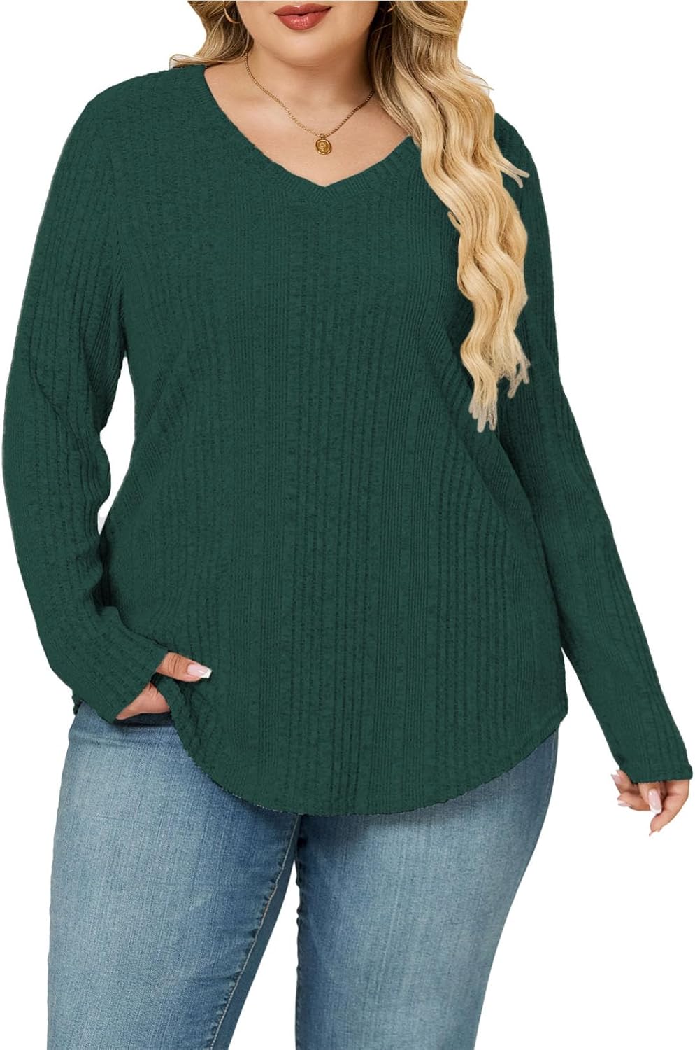 ROSRISS Plus-Size-Long-Sleeve-Tops for women Dressy V Neck Shirts Casual Ribbed Knit Tees Lightweight Tunic Sweaters - Image 4