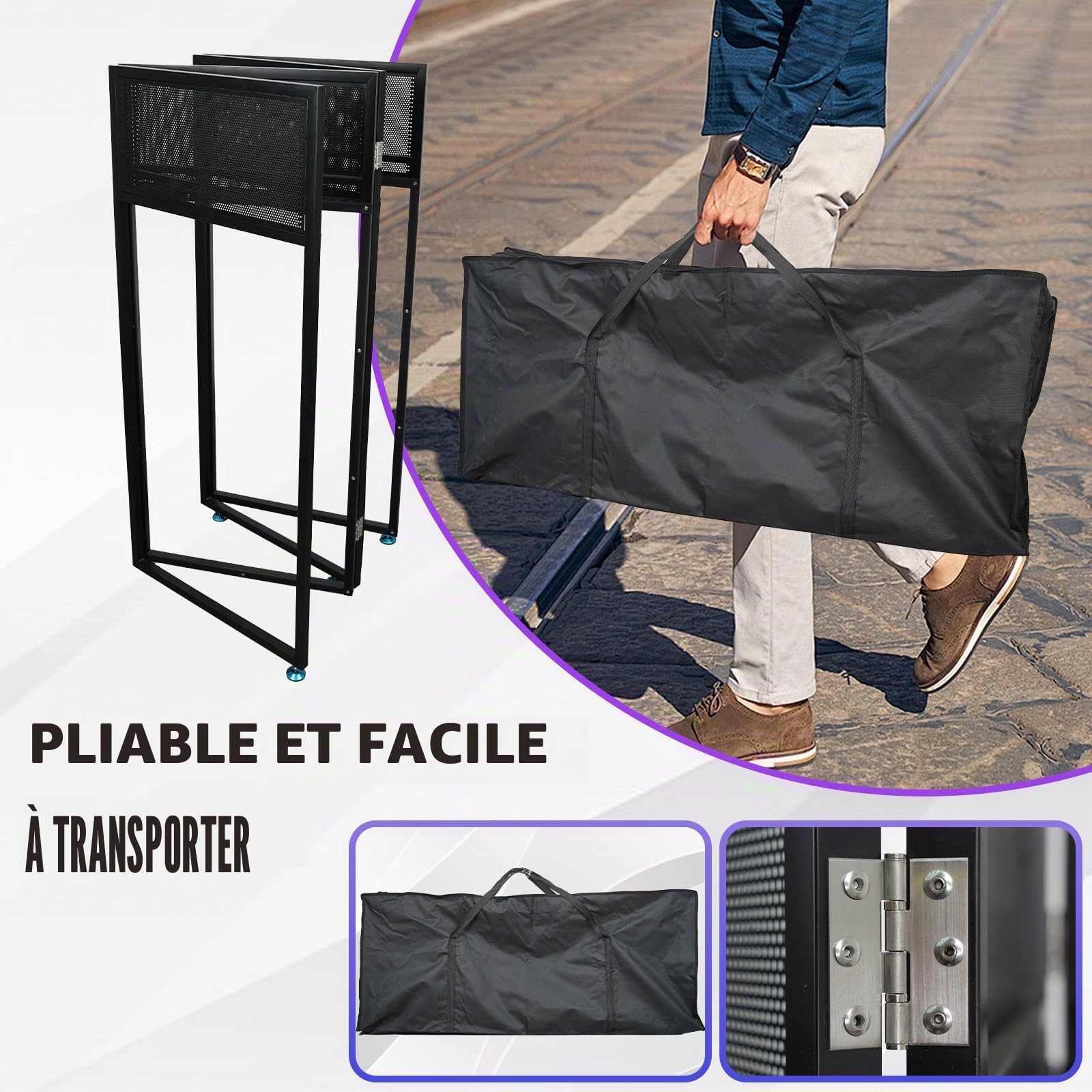 Cabine de DJ portable 108 x 53,5 x 118 cm - Façade de DJ avec cadre noir et blanc - Cadre en métal noir - Console de DJ pliable en hauteur pour événements, fêtes, mariages