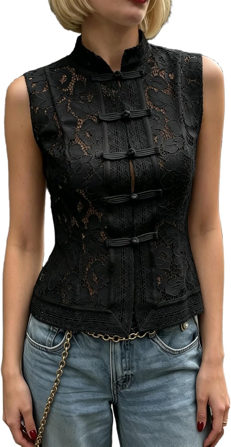 Lace Top for Women Floral Embroidery Sleeveless Hollow Out Blouse Trendy for Going Out