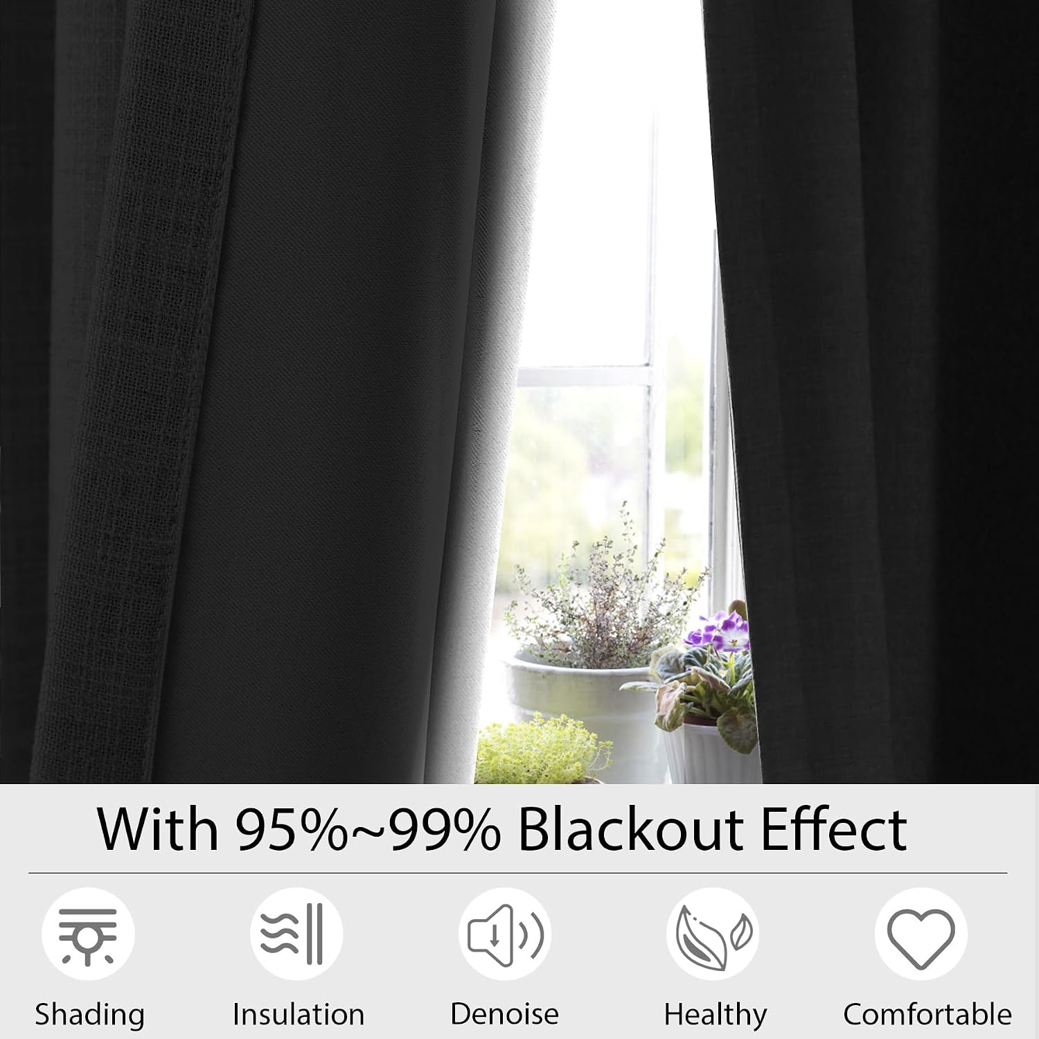 Macochico Room-Darkening Faux Linen Curtains Blackout Room Drapery Panel with Nickle Grommet for Bedroom Classrooms Sliding Glass Door,Beige White 52W x 84L Inch (1 Panel)