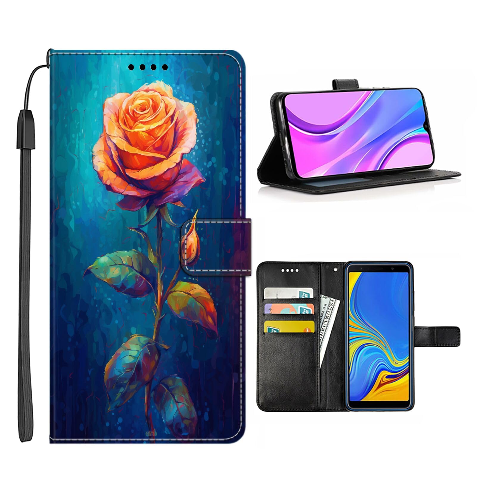 Wallet Case for Samsung Galaxy A8+ with Rose Flower-aa950 Pattern PU Leather Flip Folio ID&Credit Cards Pocket Lanyard