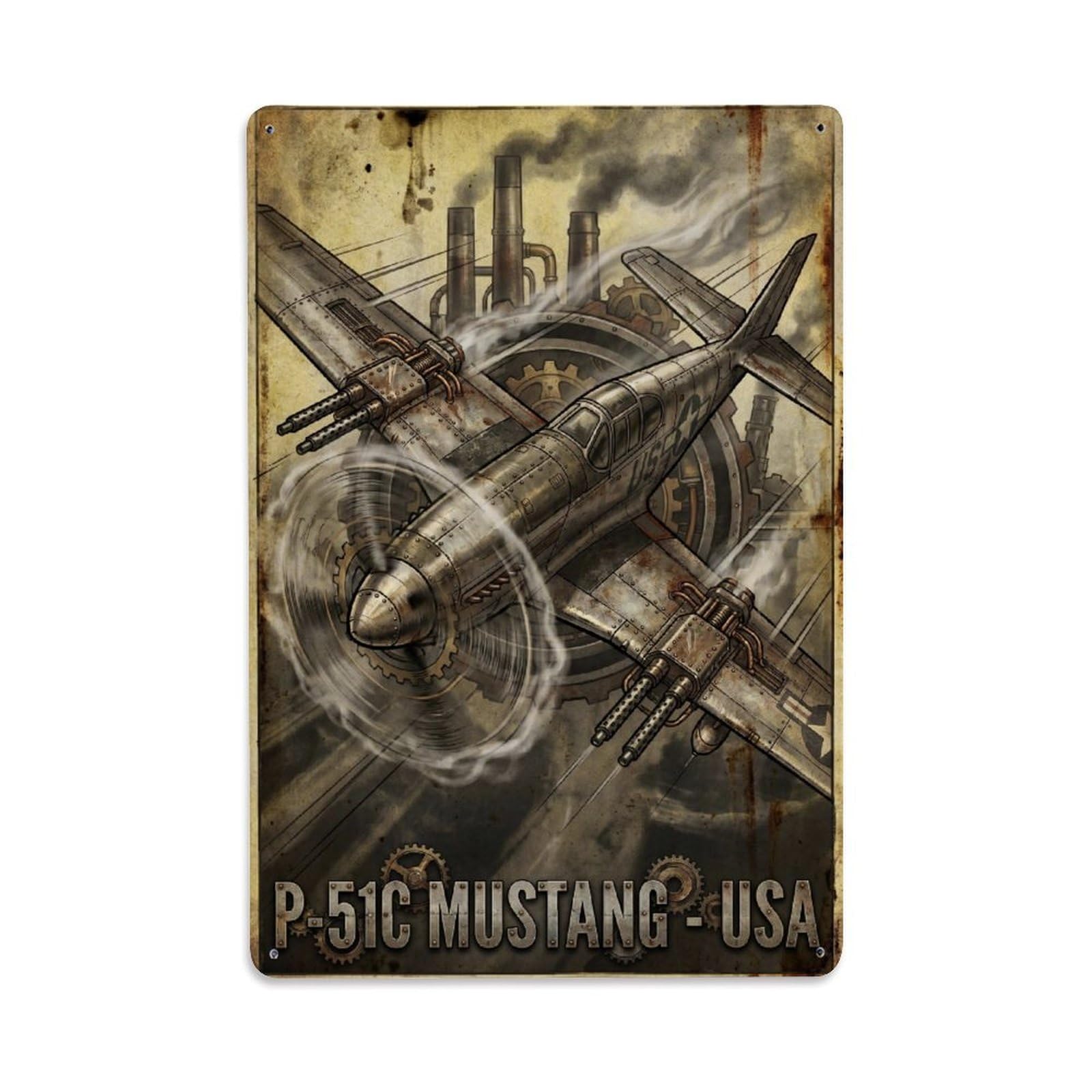 Military Aviation P-51C Mustang Mechanical Punk Metal Tin Sign Plaque Wall Decor for Cafe, Man Cave, Club Bar, Office, Home Garden Round Metal Poster 8x12Inch