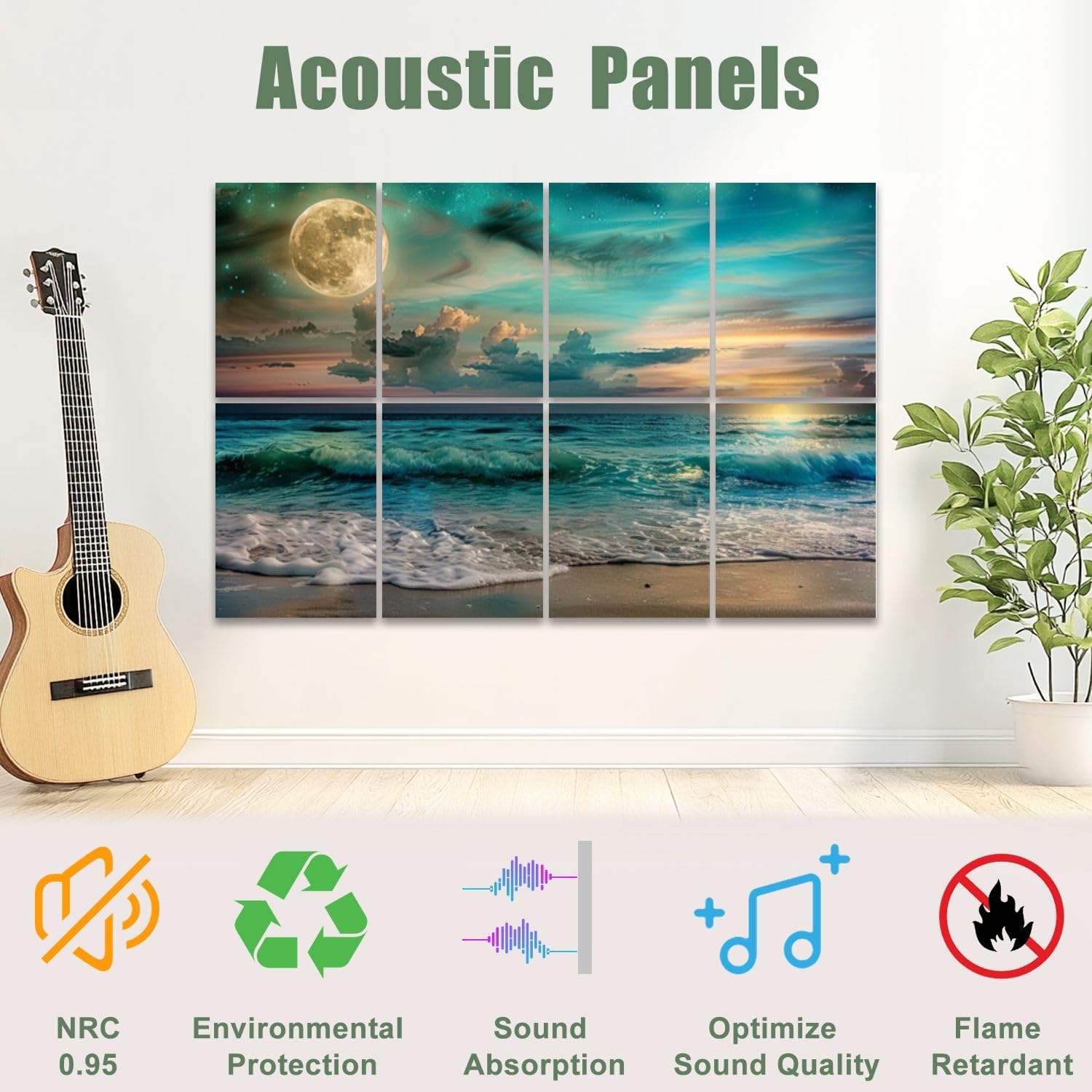 8 Pack Art Acoustic Panels Sound Absorbing Moon Sea Ocean Landscape Picture Canvas Room Home D Full Moon Night Decorative Soundproof Wall Panels Self Adhesive for Recording Studios Office 48"x32"