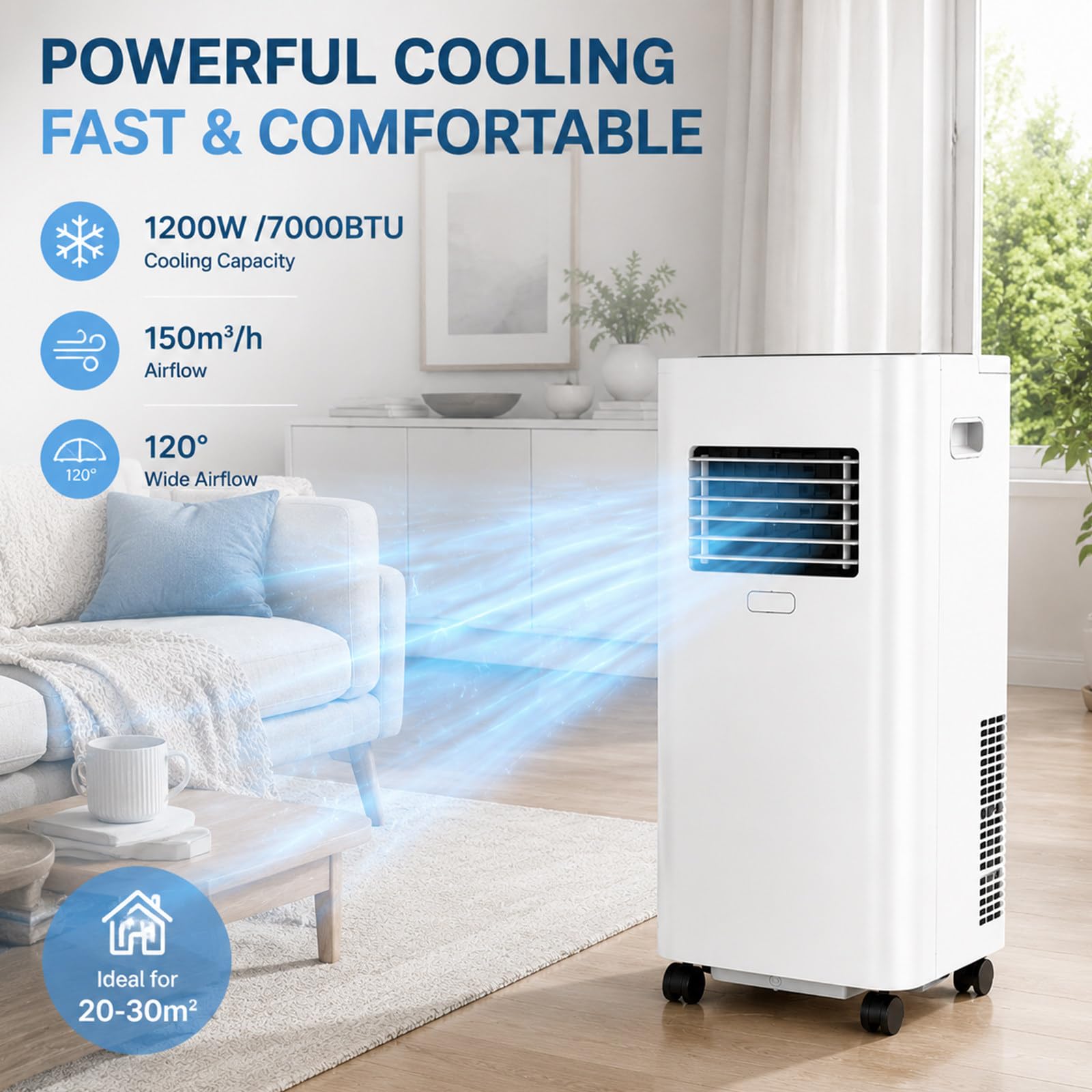 Condizionatore portatile con telecomando, Rinfresca stanza fino a 20-30m² | Con modalità ventilatore e deumidificatore; include kit per finestra per una facile installazione