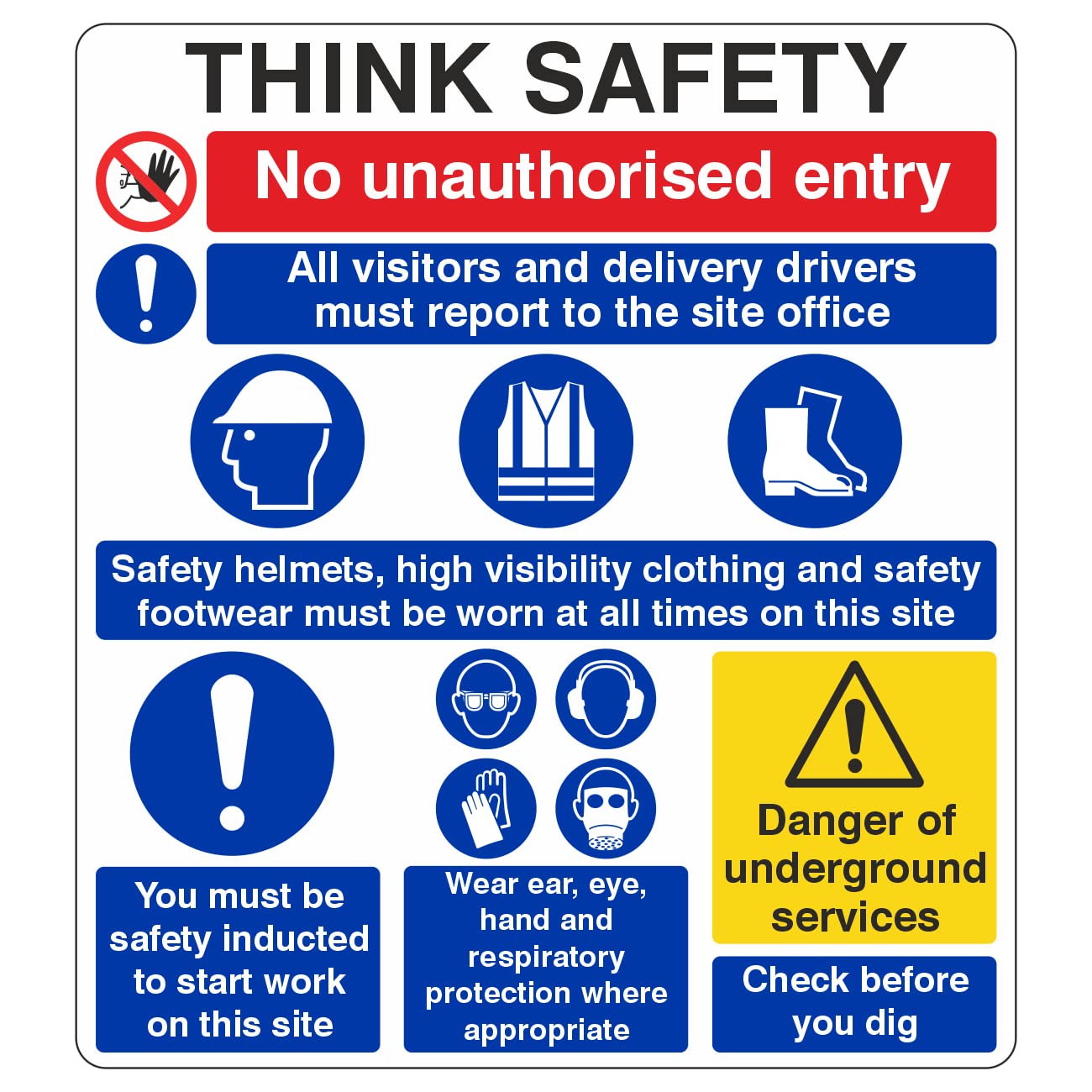 Lasting Impressions (Signs) Limited Blue 600X670mm Multi Hazard Site Safety Think Safety Construction Sign - Portrait