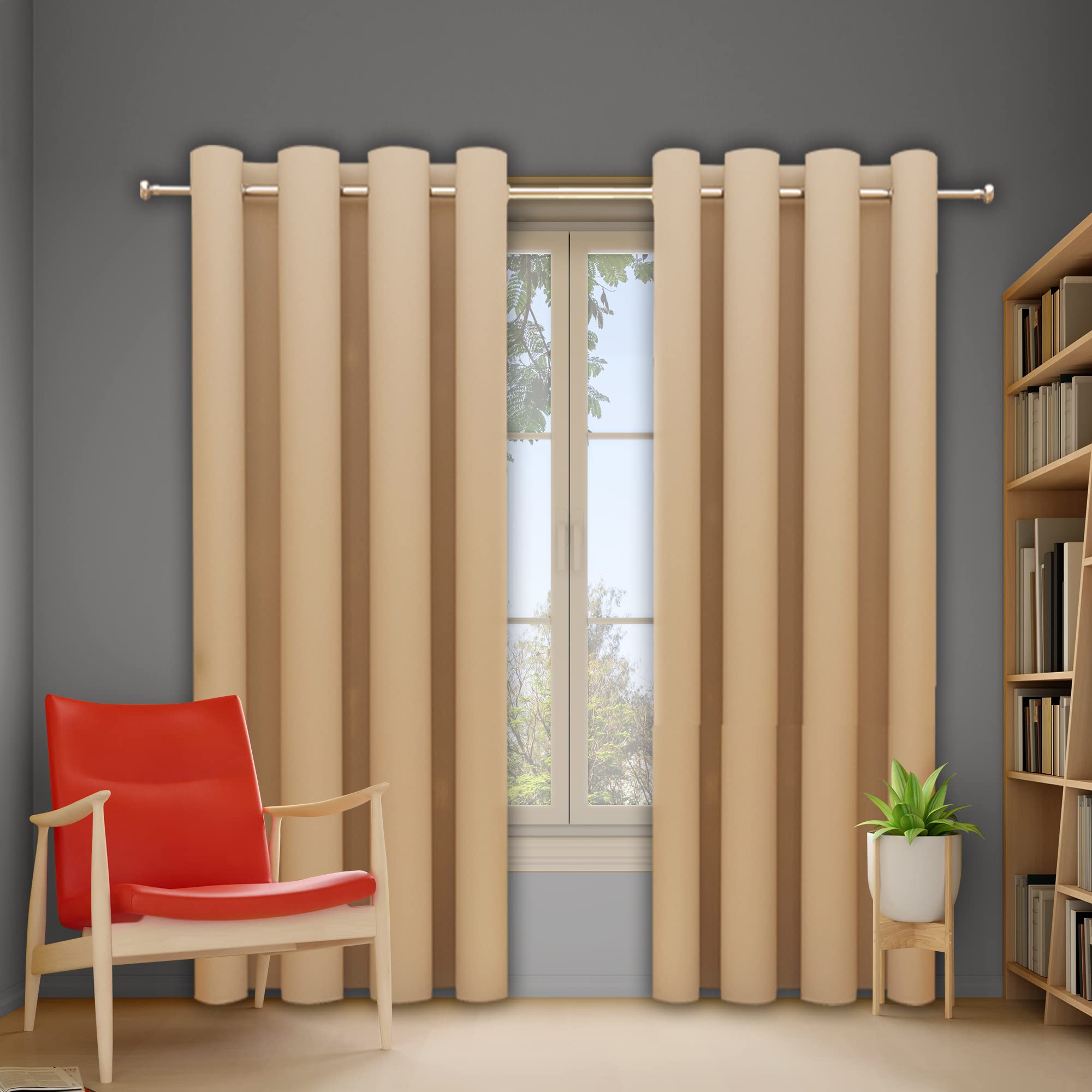 Glassiano 100% Room Darkening Blackout Solid Long Door Curtain | Thermal Insulated Heavy Polyester Noise Reducing Curtain | (9 Feet | 274.32 cm)(2 Pieces Set)(Beige)