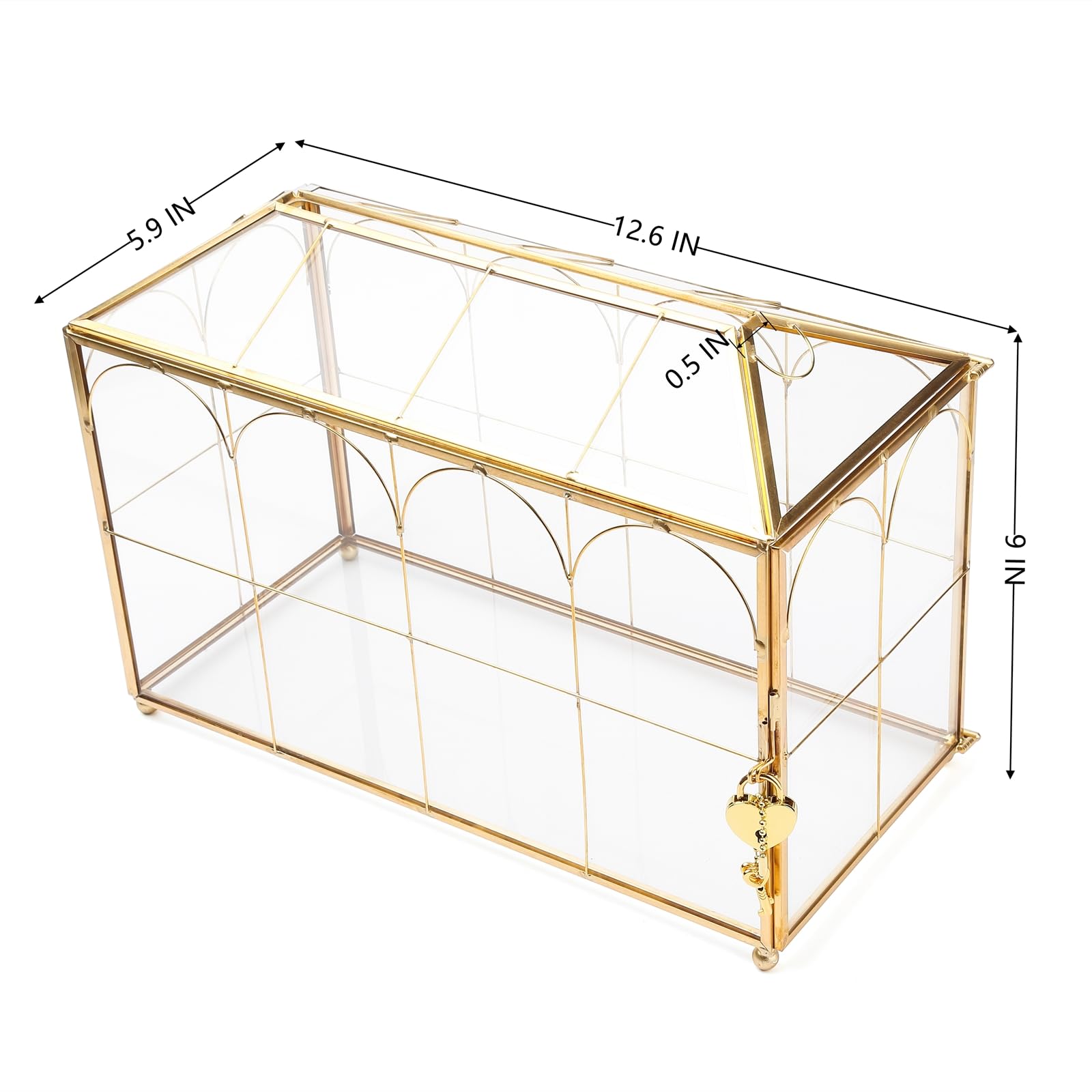 32 cm Glas-Kartenbox Hochzeitskartenbox mit Schloss für Hochzeitsempfang Kosmetik Wohnkultur, handgefertigtes großes geometrisches Terrarium mit Scharnierdeckel, Messingrahmen – (Golden/Haus)