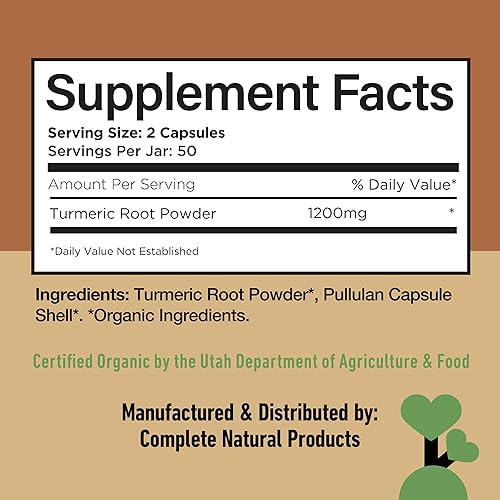 Miniatura 6 de Cápsulas orgánicas de cúrcuma - Suplemento en polvo de raíz de curcumina cruda y pura, 100 cápsulas de 600 mg, vesícula biliar, hígado y apoyo