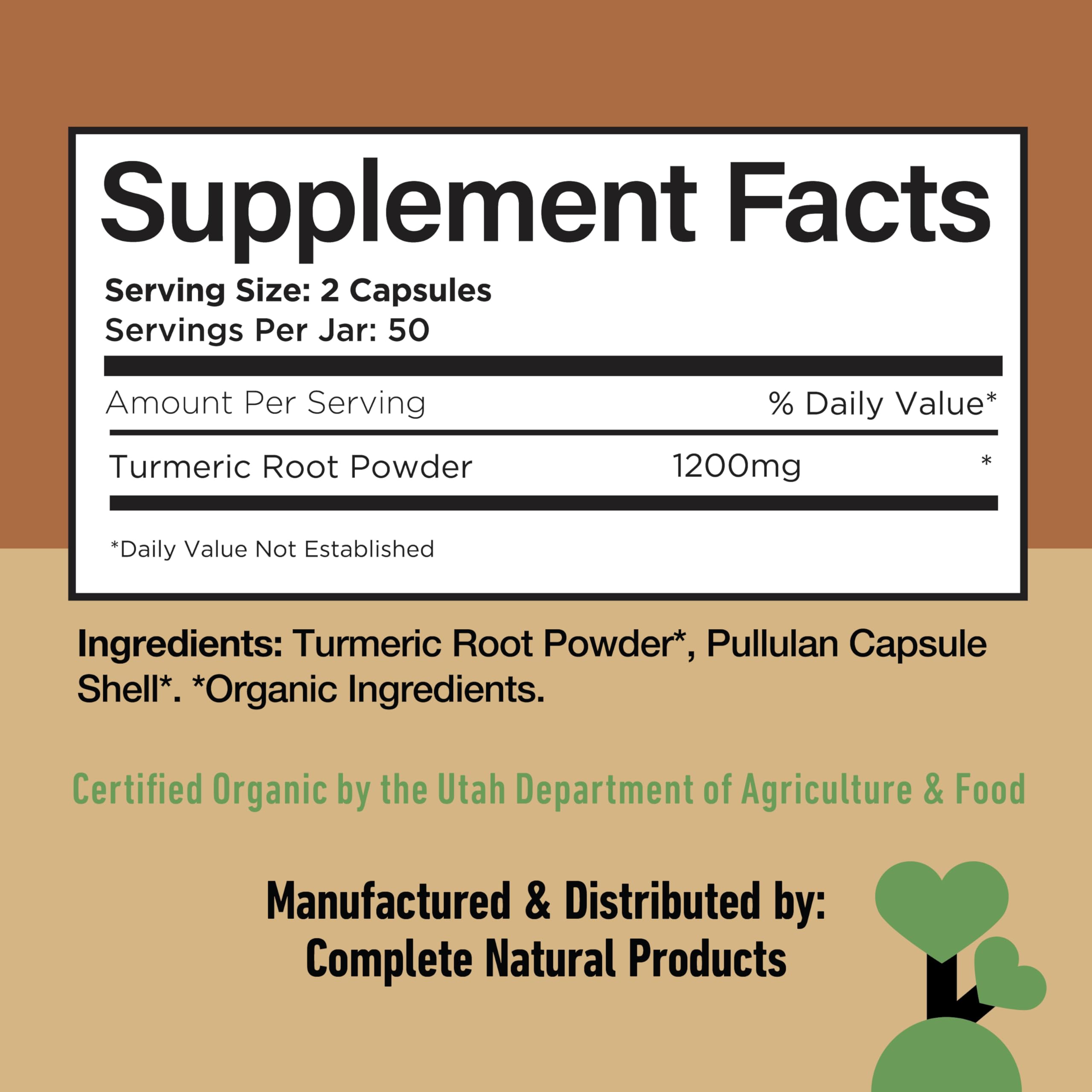 Organic Turmeric Capsules - Raw & Pure Curcumin Root Powder Supplement, 100 Capsules 600mg, Gallbladder, Liver, and Support