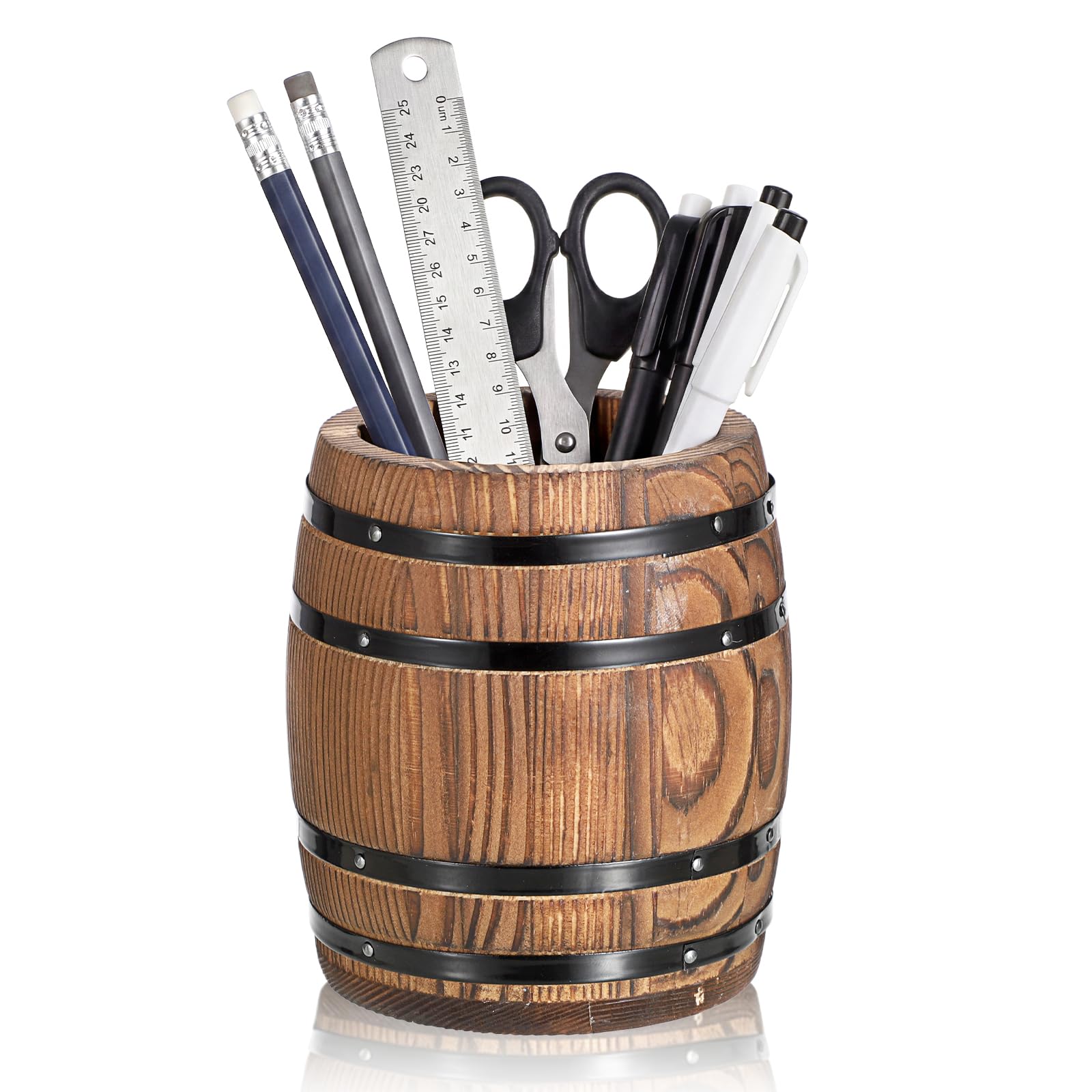 Hoowen Rustic Wooden Pen Holders for Desk, Wine Barrel Shaped Pencil Cup Holder Containers, Farmhouse Stationery Organizer Stand, Decorative Office Supplies Storage, Vintage Desk Accessories, Brown