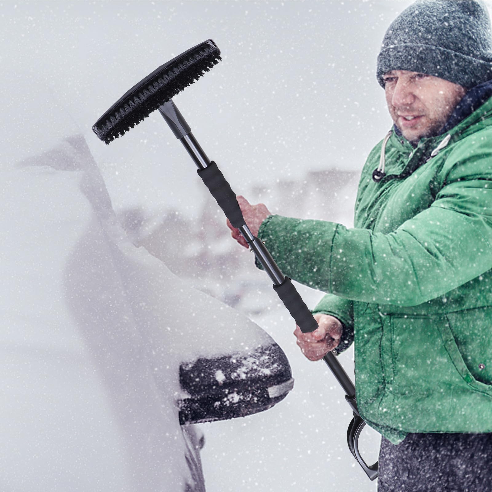 1 Satz Verstellbares Schneeräumgerät mit Schneebürste EIS und Schneekratzer aus Eisen Dreiabschnittiger Stiel für Auto und LKW im Winter
