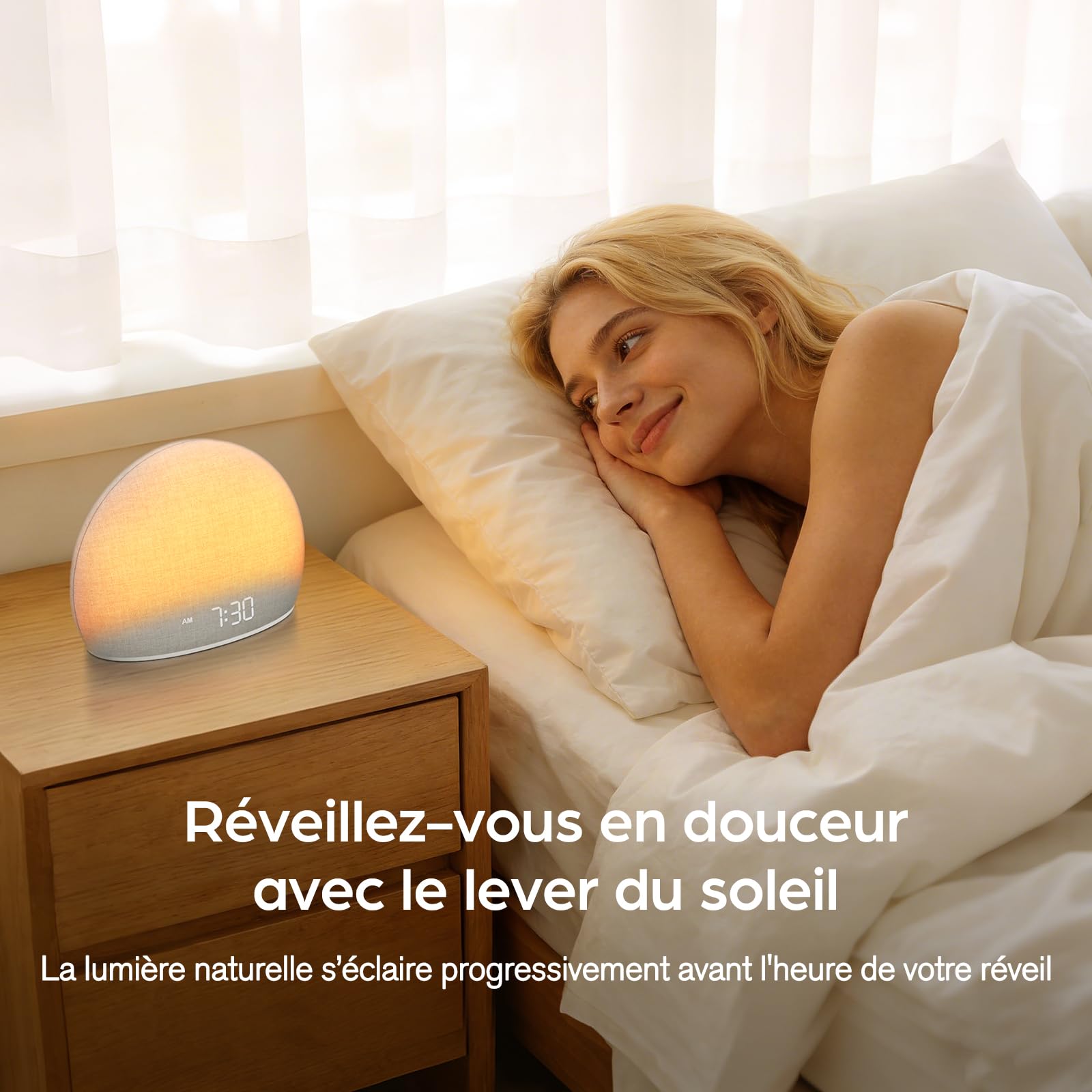 DOUMOSH Réveil Lumineux Sunrise, Machine à Bruits Blancs pour Chambre | Lumière d’Aube Naturelle avec Sons Doux, 20 Sons Relaxants, Affichage Réglable, Design sans Écran