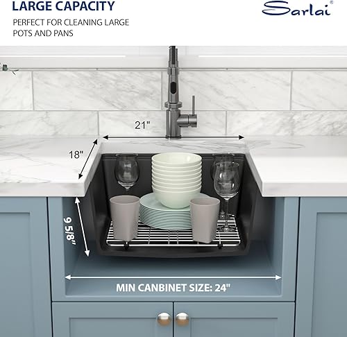 Miniatura 7 de Sarlai Fregadero de cocina negro con 21 compuestos de granito  Fregadero de estación de trabajo de preparación de barra de 21 x 18 pulgadas,
