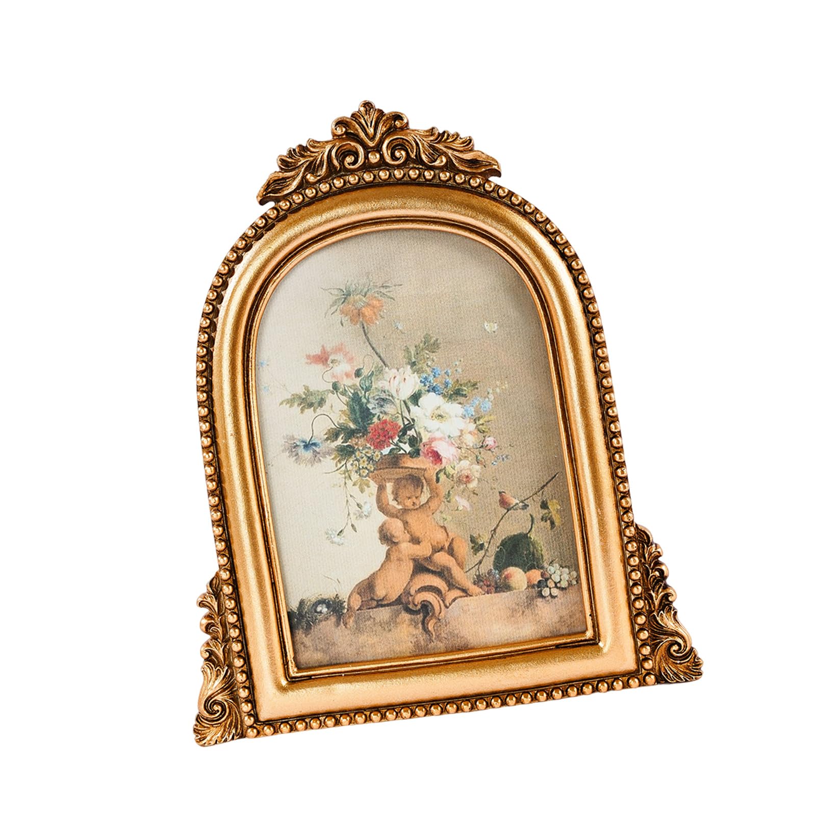APGLSXY Wall Hanging or Tabletop Display Photo Frame with Carving Detail Resin Antique Golden Arched Picture Holder Frame Resin Arched Picture