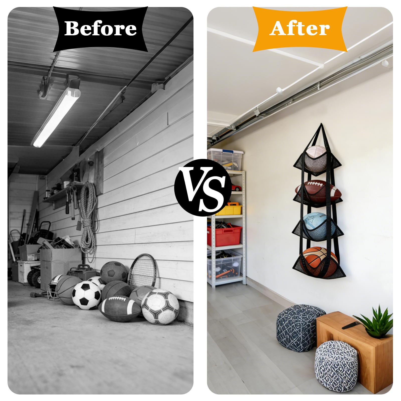 Rangement Ballon Mural Suspendu – Support Ballon 4 Niveaux, Filet de Rangement Ballons en Nylon pour Basketball Football Volleyball, Organisateur Gain de Place pour Garage, Cave, Salle de Sport (Noir)